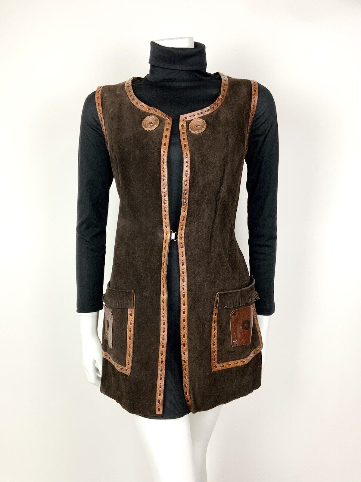 VTG 60s 70s BROWN ORANGE SUEDE LEATHER TASSLED BOHO FOLK WAISTCOAT DRESS 12