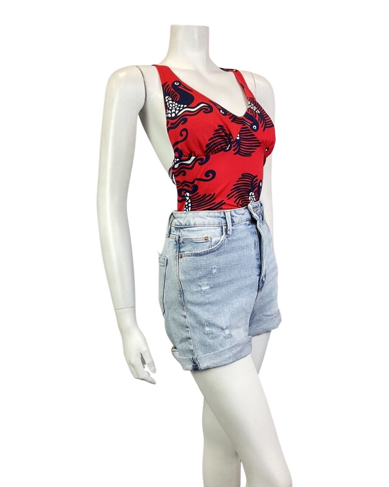 VINTAGE 60s 70s RED BLUE WHITE BIRD BOAT PSYCHEDELIC MOD SWIMSUIT BODYSUIT 8 10