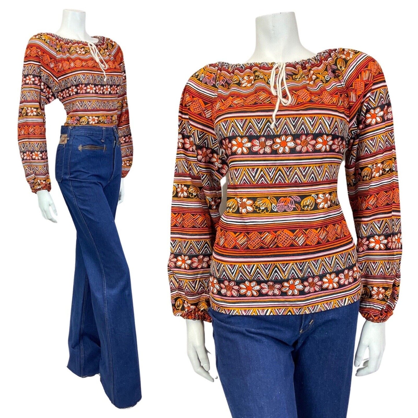 VINTAGE 70s RED YELLOW BLACK AZTEC FLORAL STRIPED BOHO LONG-SLEEVE BLOUSE 12 14