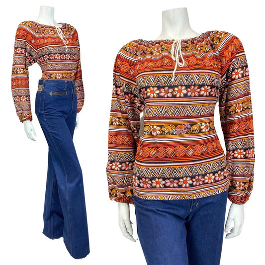 VINTAGE 70s RED YELLOW BLACK AZTEC FLORAL STRIPED BOHO LONG-SLEEVE BLOUSE 12 14