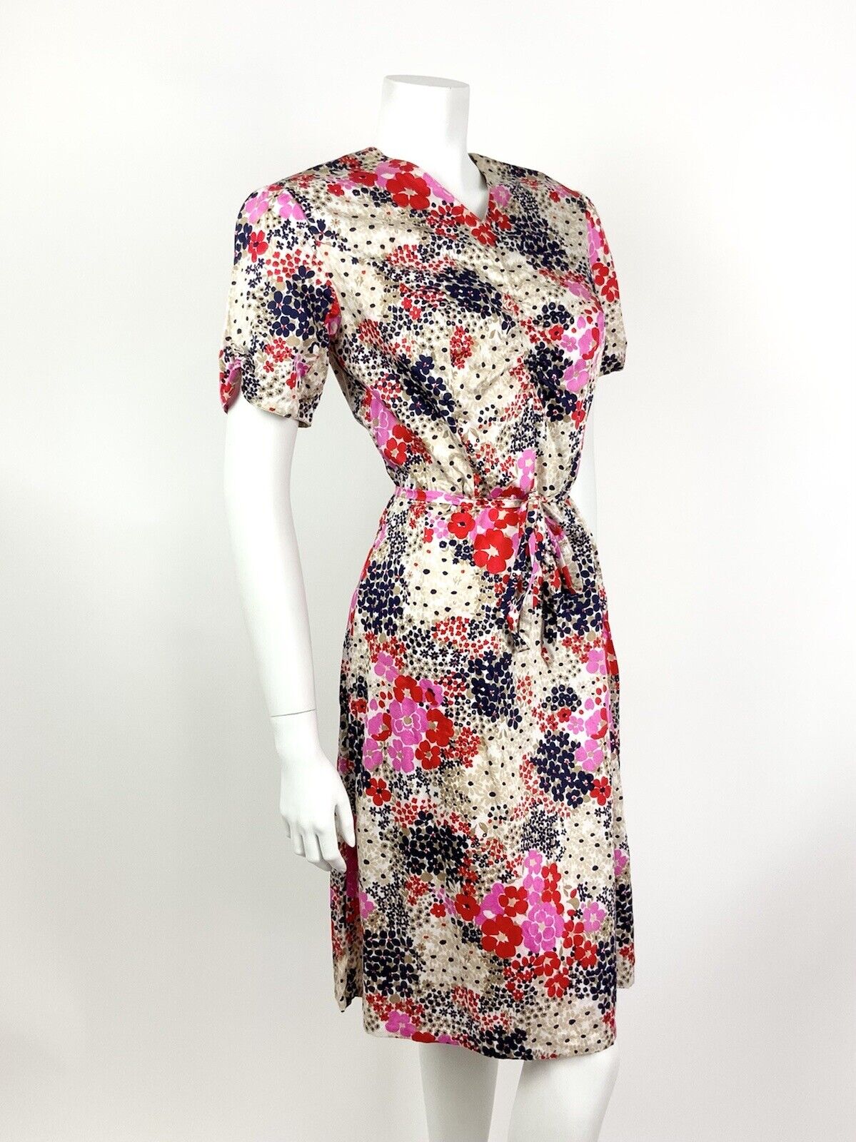 VINTAGE 60s 70s BEIGE BLUE RED PINK FLORAL DITSY PSYCHEDELIC DRESS 10 12