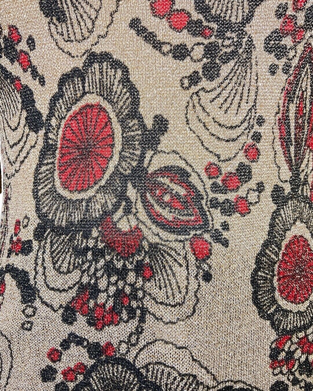 VINTAGE 60s 70s GOLD BLACK RED PSYCHEDELIC FLORAL LONGSLEEVE LUREX BLOUSE 10 12