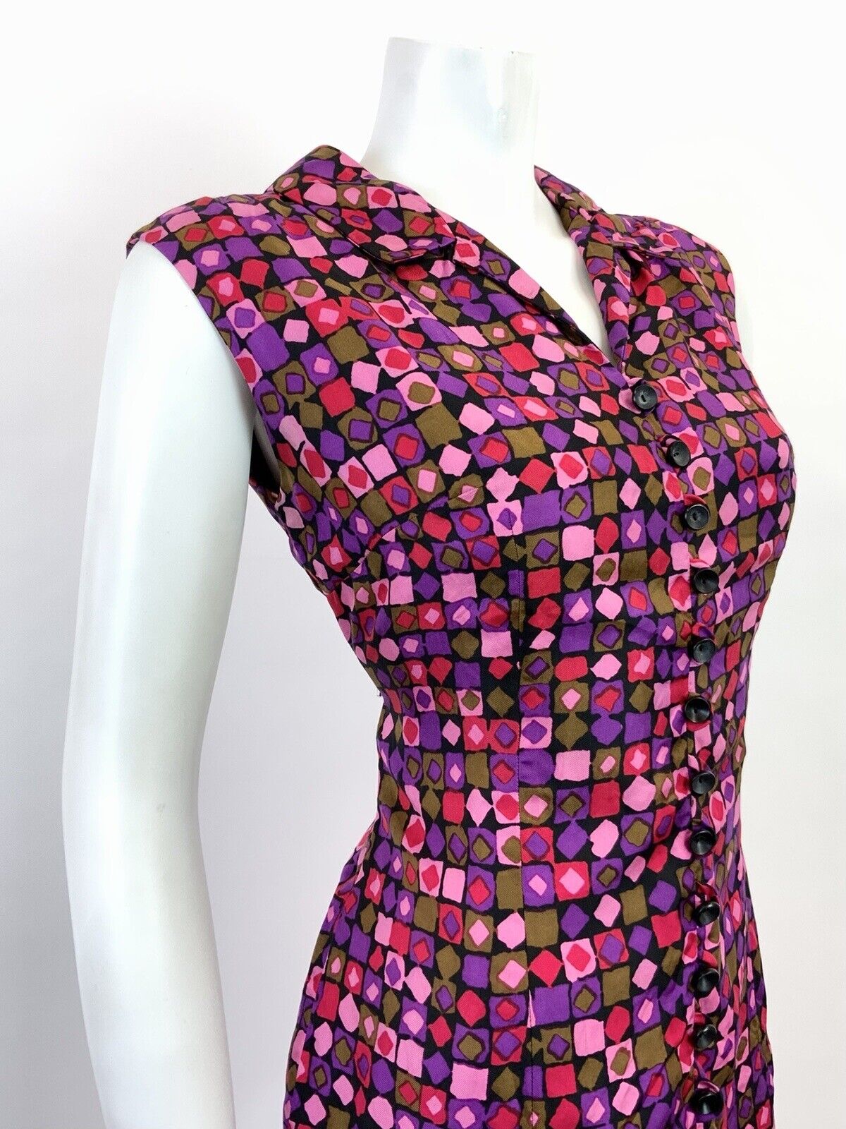 VINTAGE 60s 70s PURPLE PINK RED GOLD GEOMETRIC MOD SLEEVELESS SHIRT DRESS 10 12