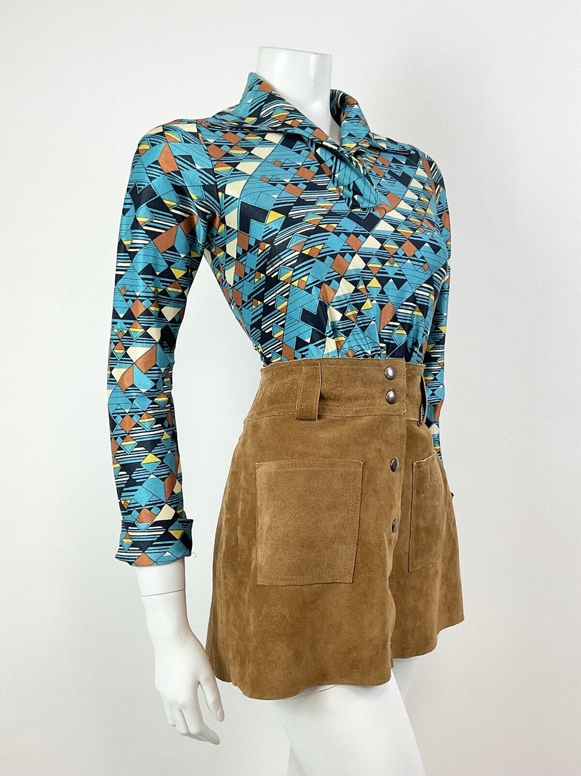 VTG 60s 70s METALLIC BLUE BRONZE CREAM GEOMETRIC CHECKED DAGGER BLOUSE 8 10