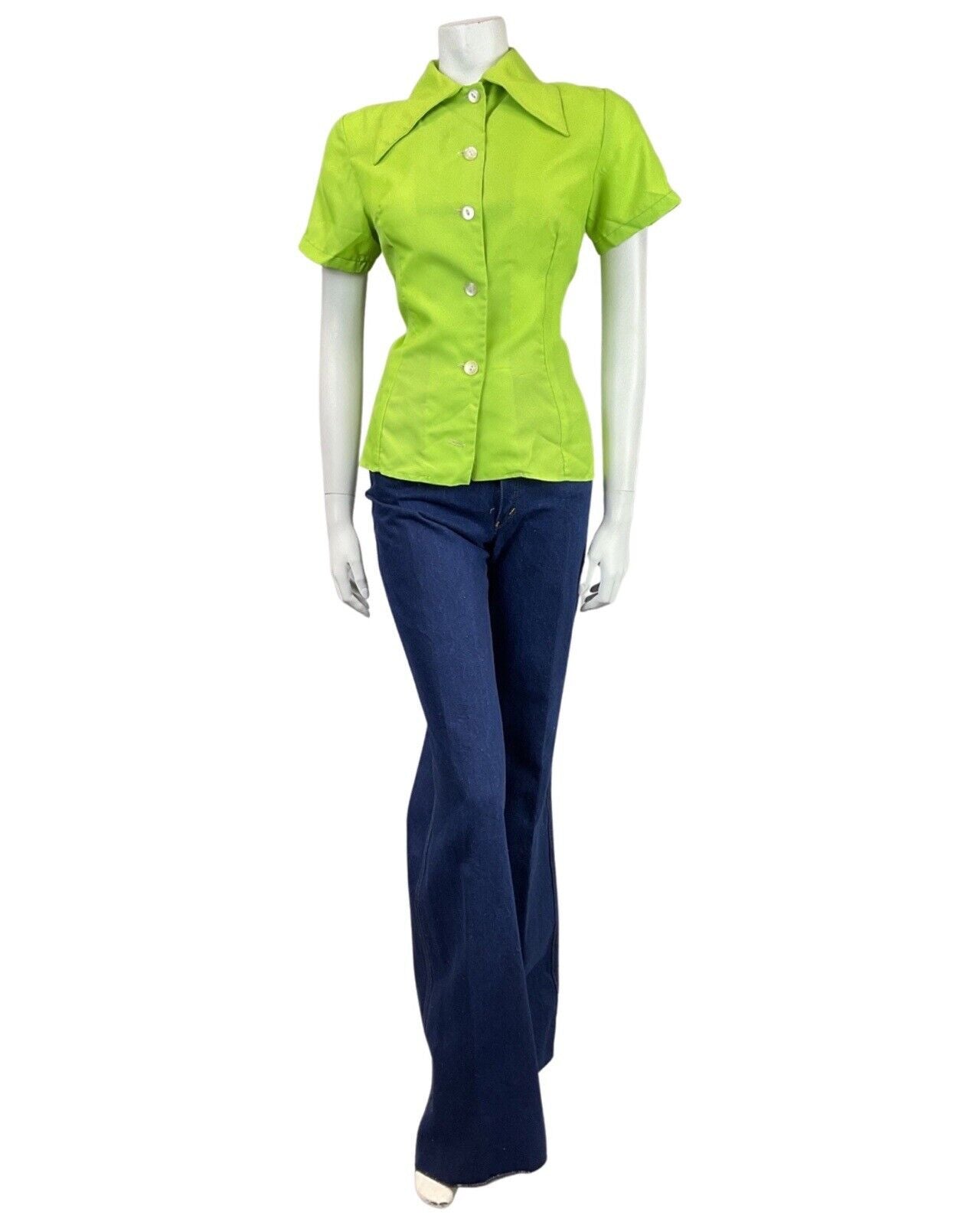 VINTAGE 60s 70s LIME GREEN DAGGER COLLAR SHORT SLEEVE MOD SHIRT 12 14