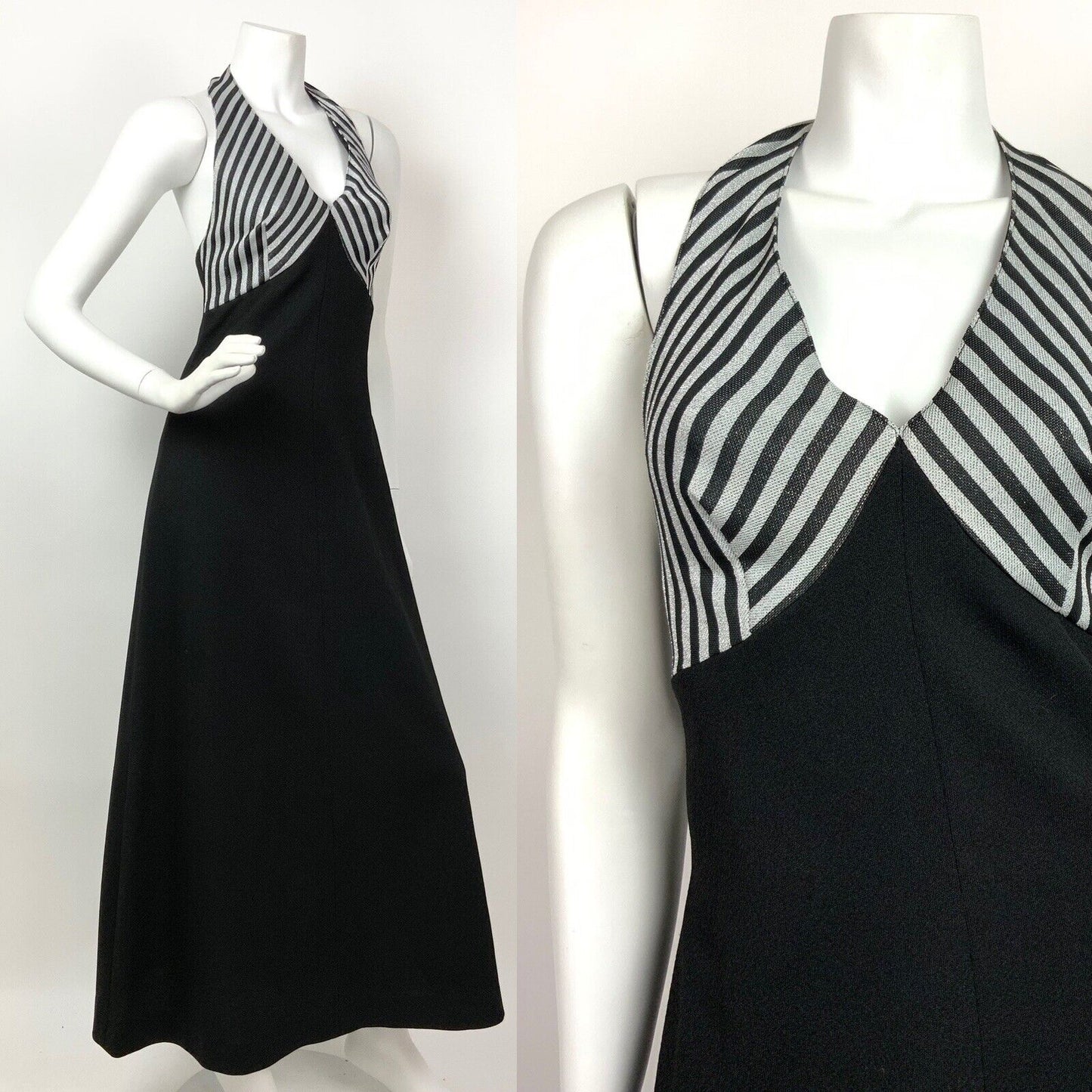 VINTAGE 60s 70s SILVER METALLIC BLACK STRIPED HALTER STUDIO 54 GLAM MAXI DRESS 6