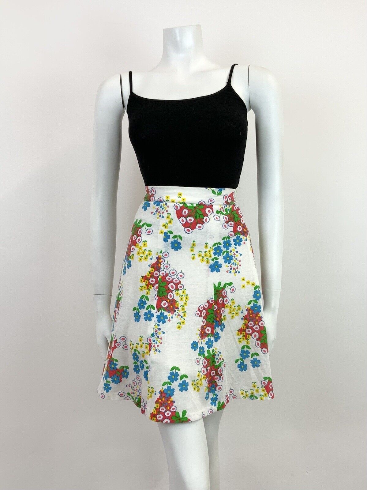 VINTAGE 60s 70s WHITE BLUE GREEN YELLOW FLORAL DAISY FLARED CIRCLE SKIRT 10 12