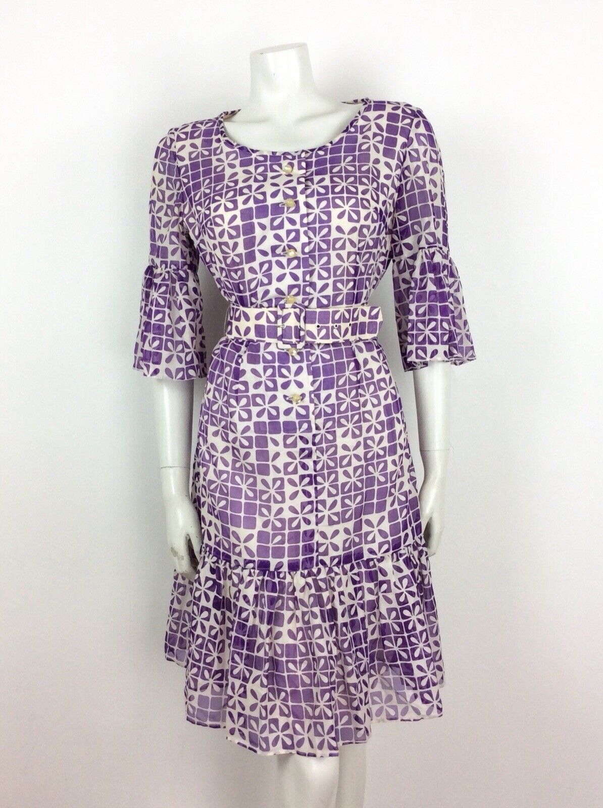 60S 70S VTG WHITE PURPLE GEOMETRIC FLOWER BELL SLEEVE BELT DRESS 12 14