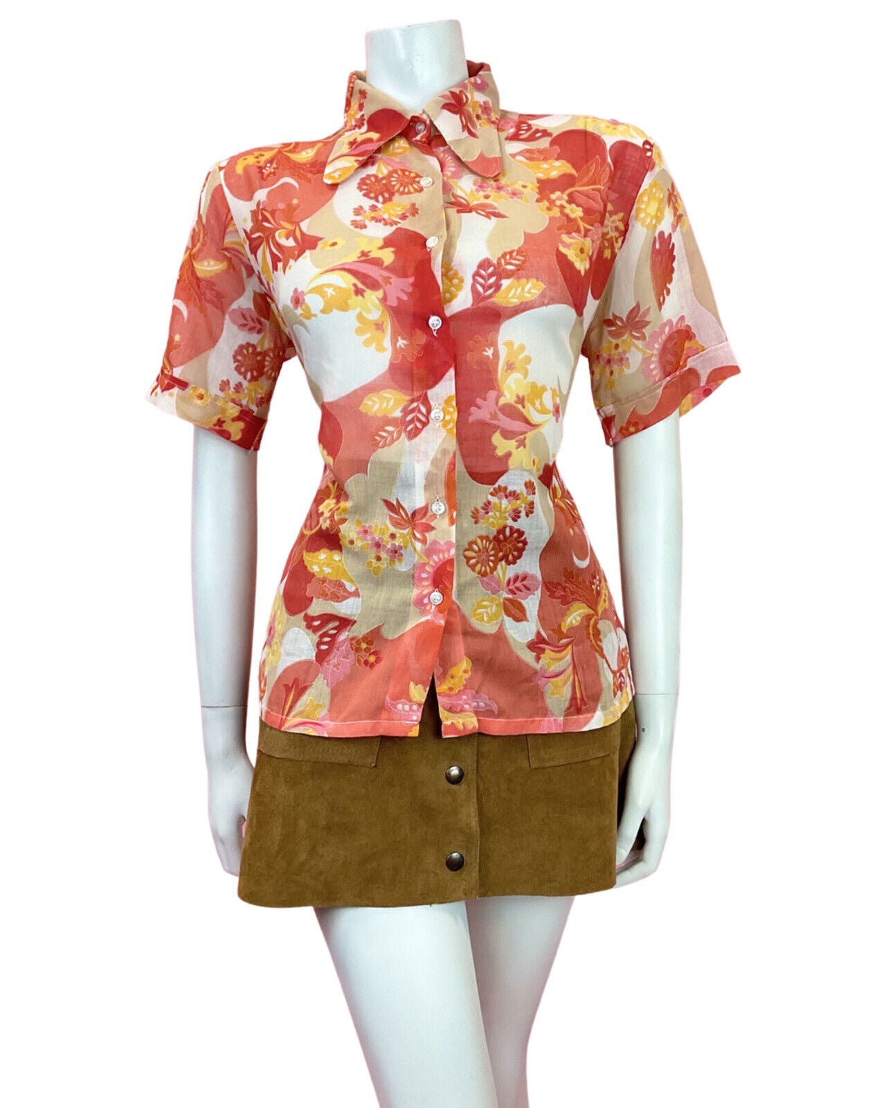 VTG 60s 70s RED ORANGE BEIGE PSYCHEDELIC SWIRL FLORAL SPOON COLLAR SHIRT 16 18