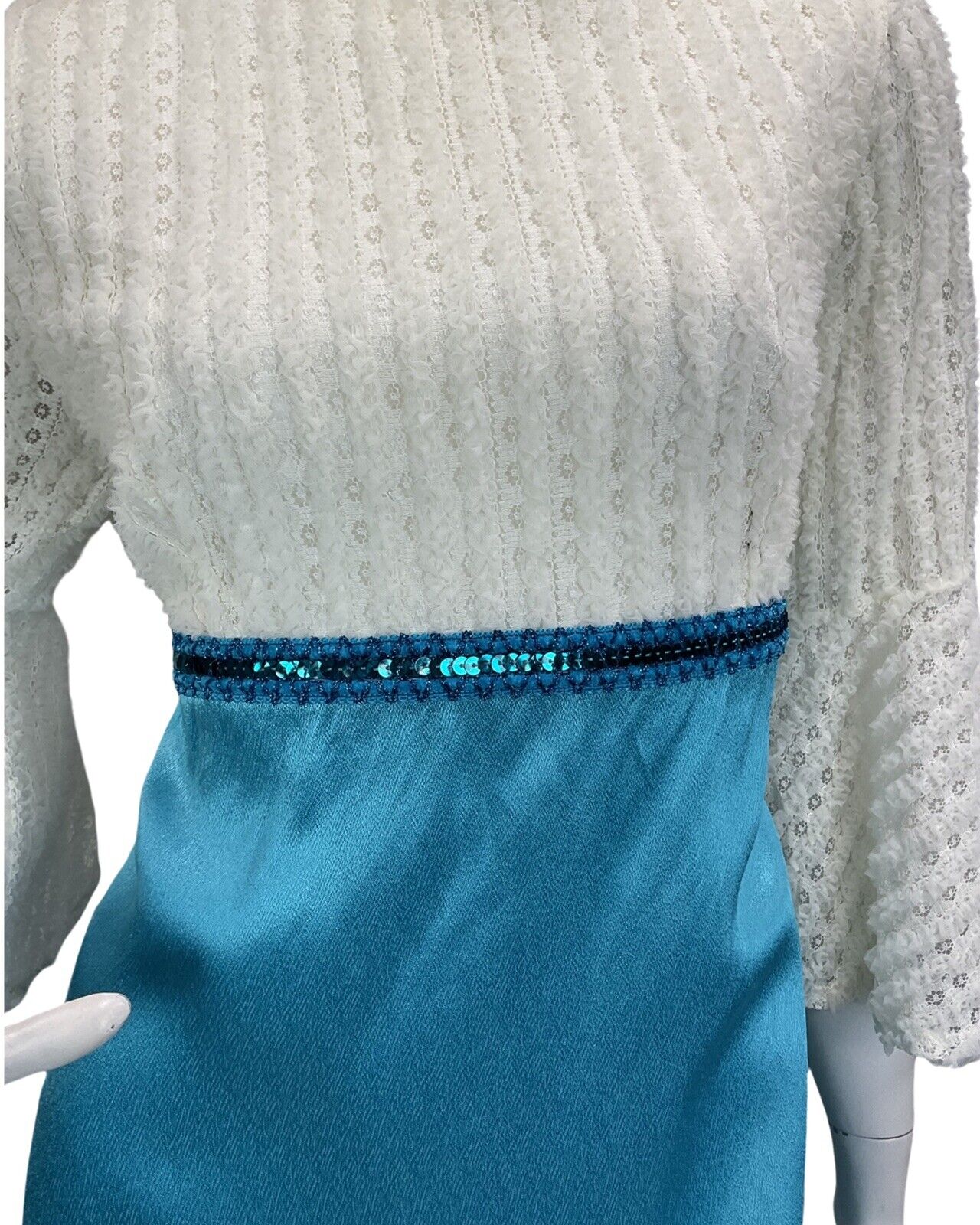 VTG 60s 70s WHITE BLUE SEQUIN SATIN BELL SLEEVE MAXI DRESS 10 12
