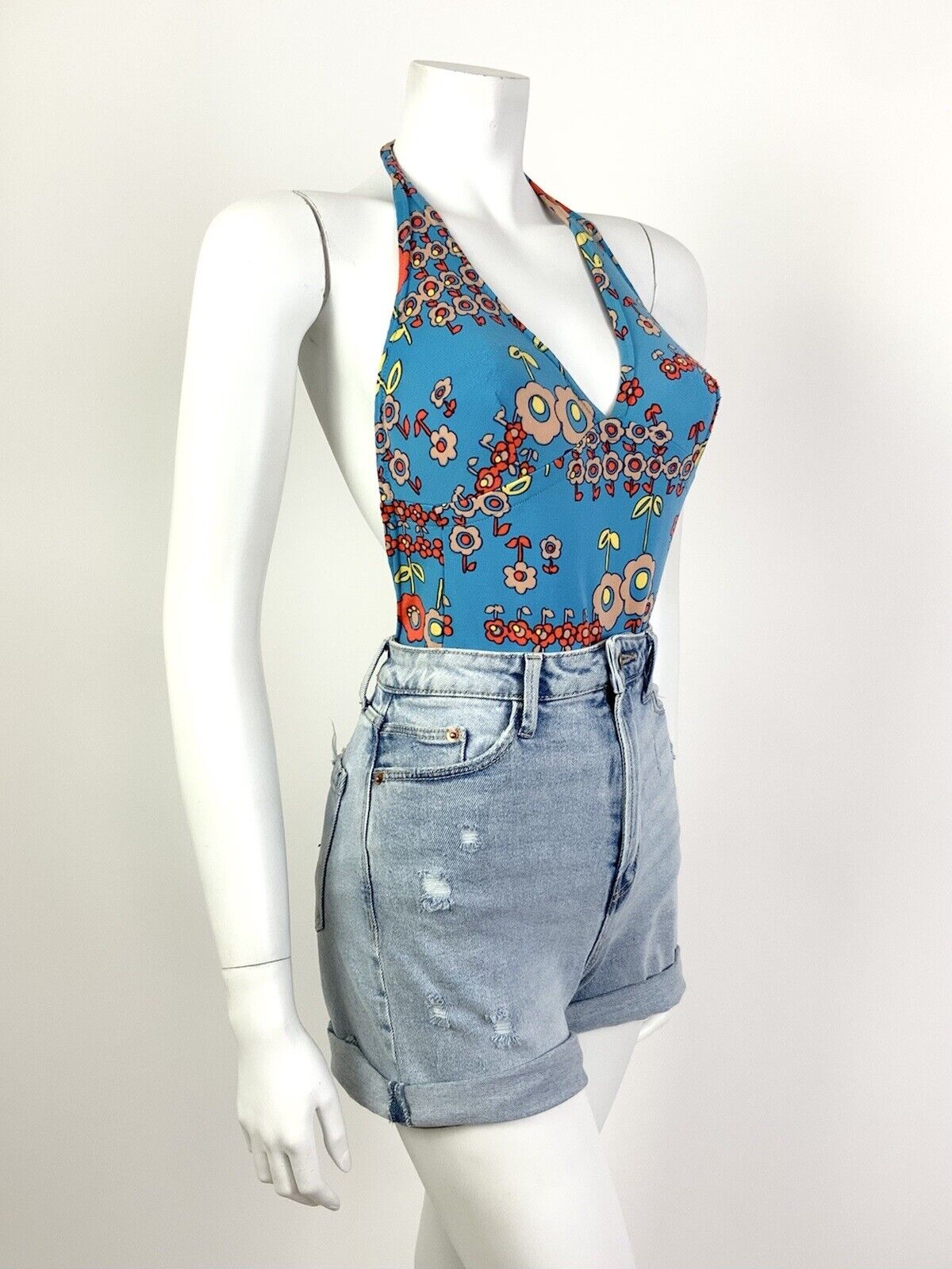 VTG 60s 70s BLUE ORANGE FLORAL DAISY MOD PSYCHEDELIC BATHING SWIM SUIT 8 10
