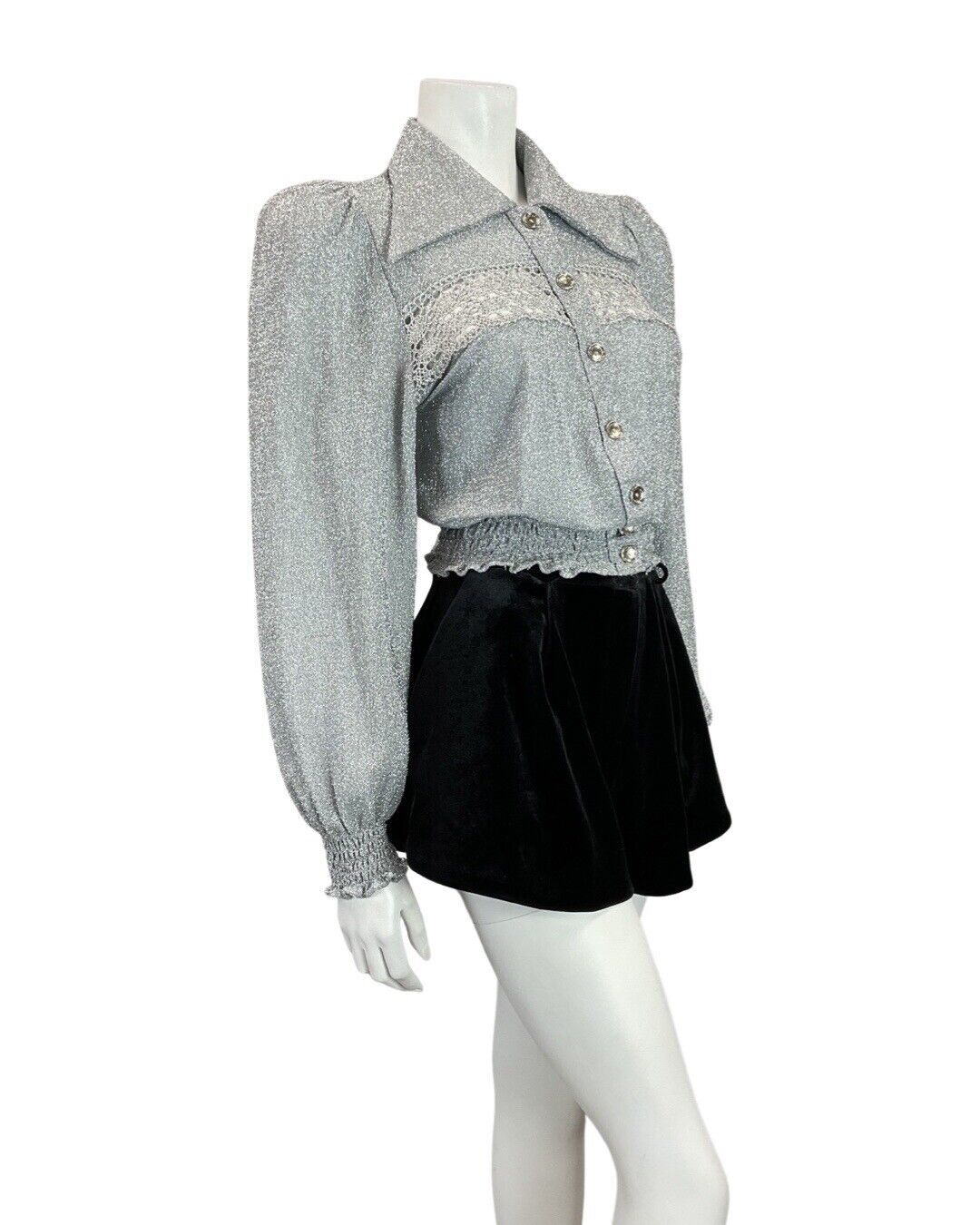 VINTAGE 60s 70s METALLIC SILVER FLORAL LACE STUDIO 54 DISCO DAGGER SHIRT 8 10