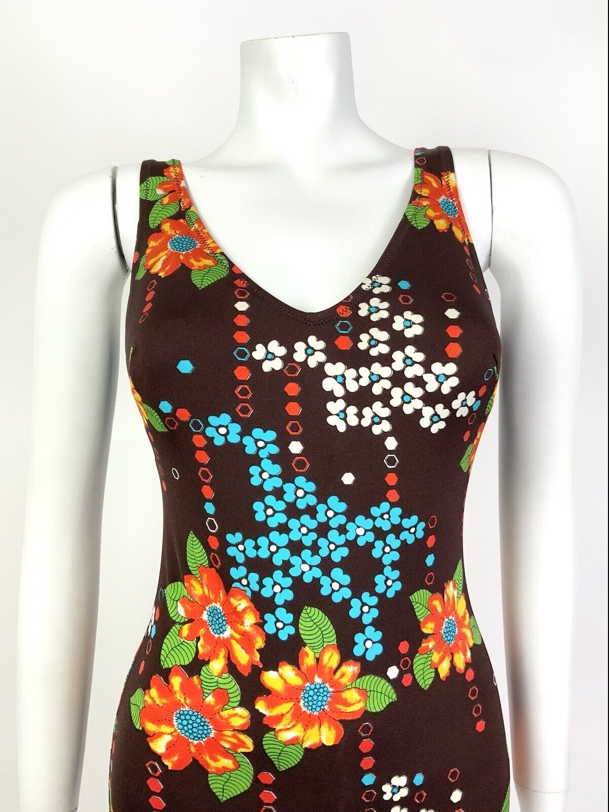 VTG 60s 70s BROWN ORANGE BLUE FLORAL LOW-BACK MOD SWIMSUIT BODY SUIT 10 12