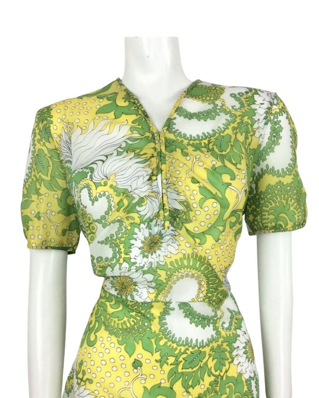 PSYCHEDELIC 70S VINTAGE YELLOW GREEN WHITE FLORAL DRESS 14