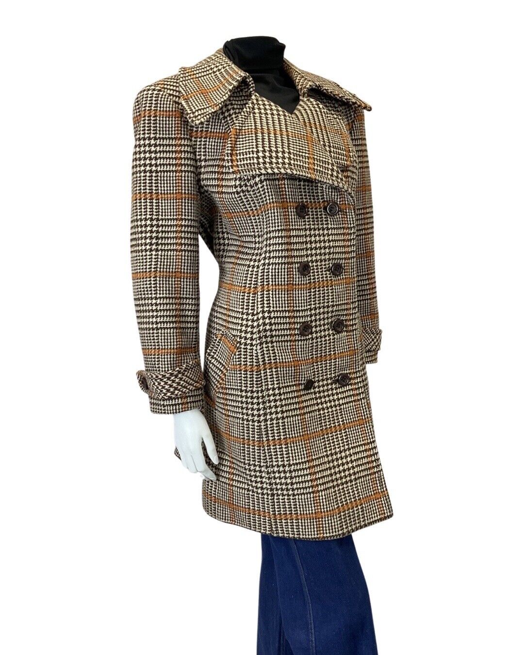VINTAGE 60s 70s BROWN CREAM ORANGE GLEN CHECKED DOUBLE-BREASTED WOOL COAT 16 18