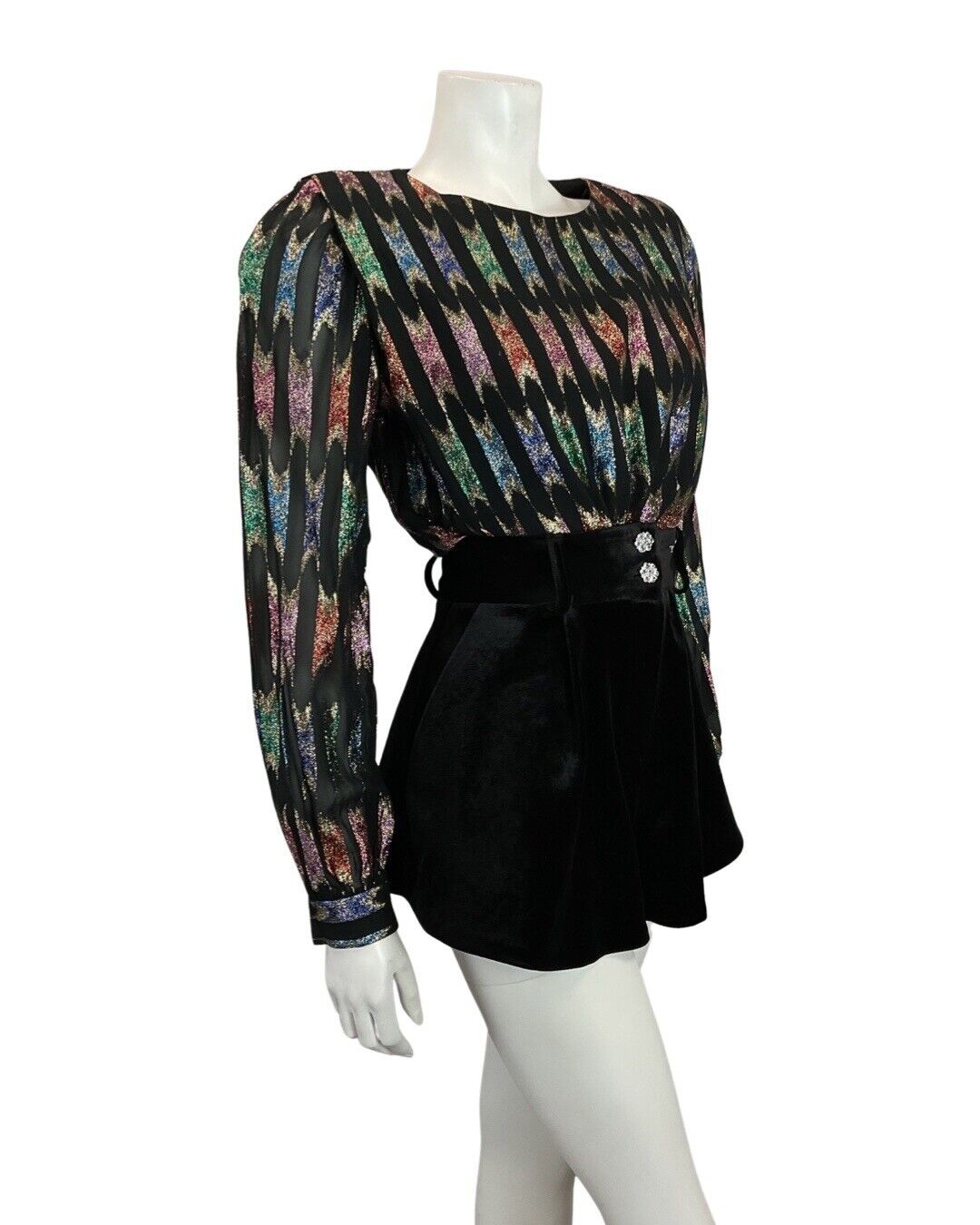 VINTAGE 70s 80s BLACK GREEN SILVER STRIPED DISCO PARTY SHEER BLOUSE TOP 10