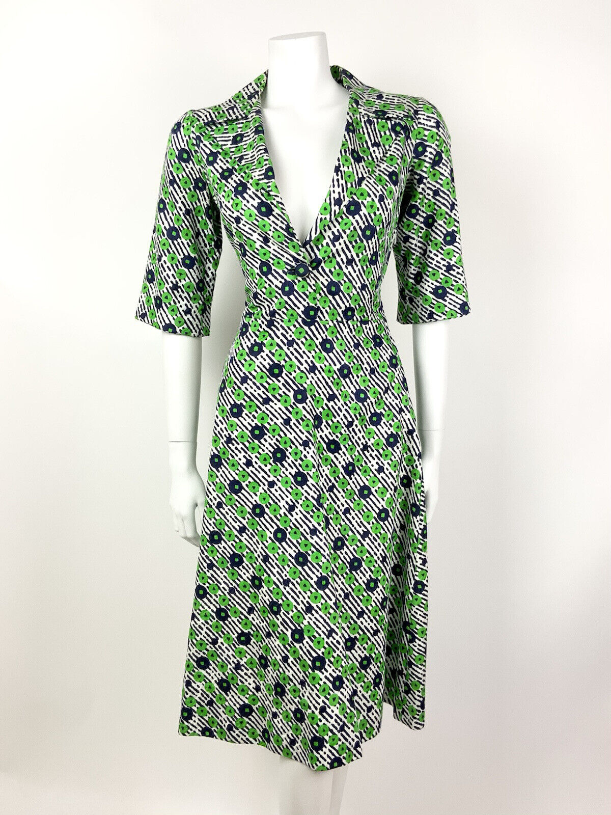 VINTAGE 60s 70s NAVY BLUE GREEN STRIPED FLORAL PLUNGING MOD SHIRT DRESS 12