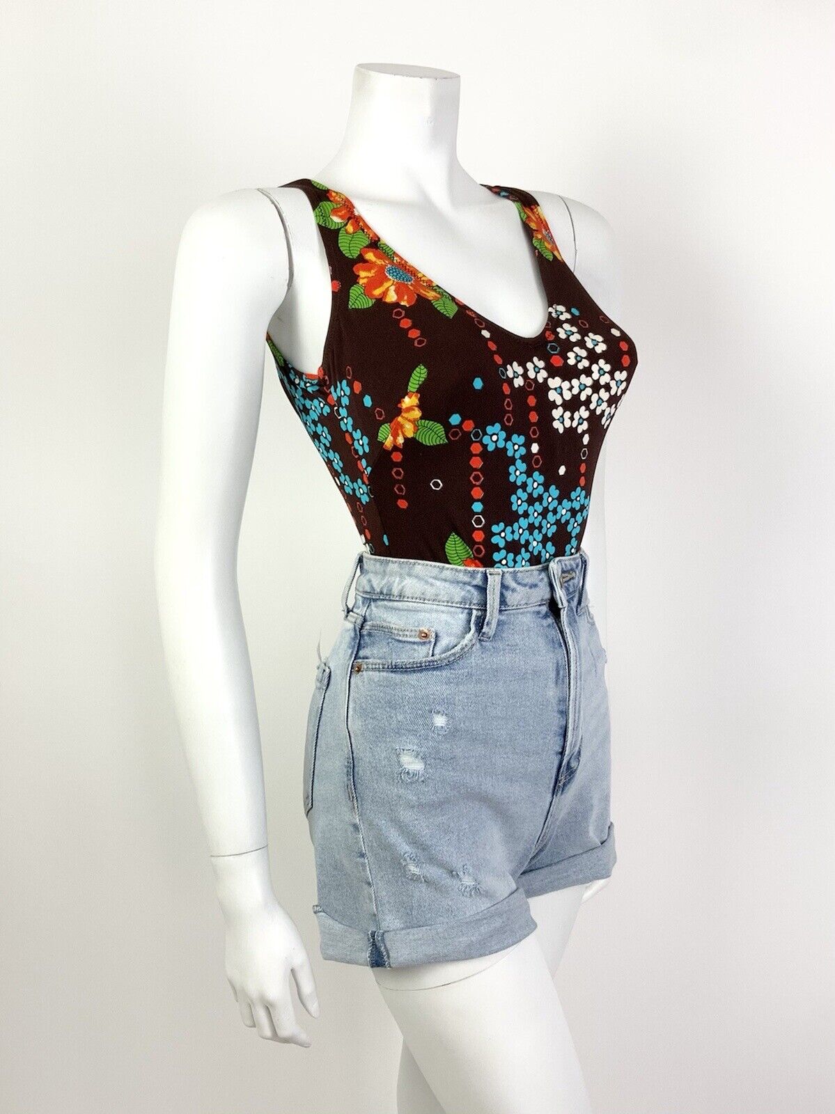 VTG 60s 70s BROWN ORANGE BLUE FLORAL LOW-BACK MOD SWIMSUIT BODY SUIT 10 12