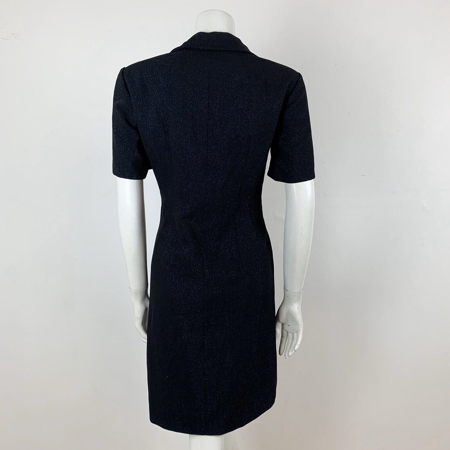 VINTAGE 60s 70s BLACK BLUE GLITTER LUREX PARTY MOD PETER PAN COLLAR DRESS 10