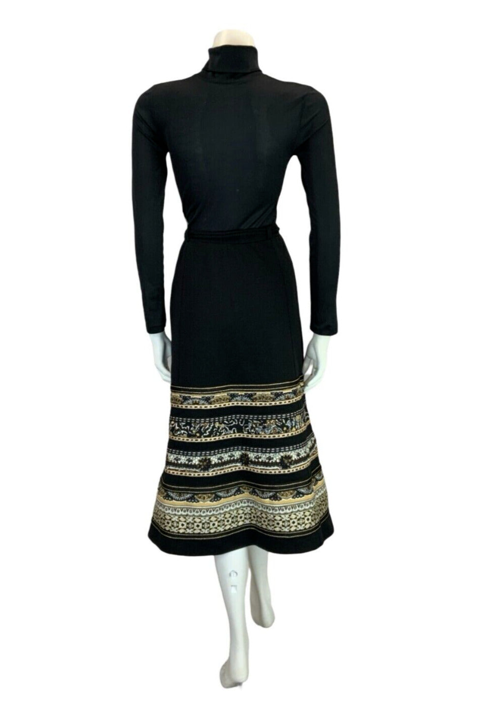 VTG 70S HIPPY BOHO BLACK GOLD BROWN FLORAL TRIM EMBROIDERED RIBBON MIDI SKIRT 10