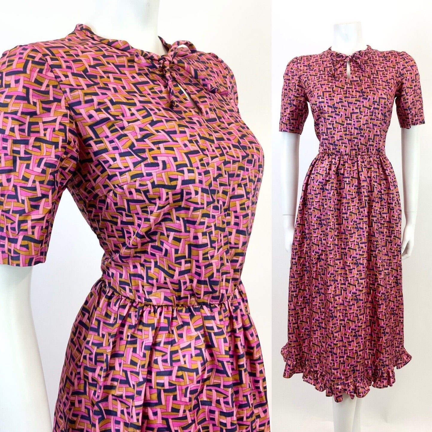 VINTAGE 60s 70s PINK BLUE GOLD BASKETWEAVE GEOMETRIC PSYCHEDELIC MOD DRESS 8 10