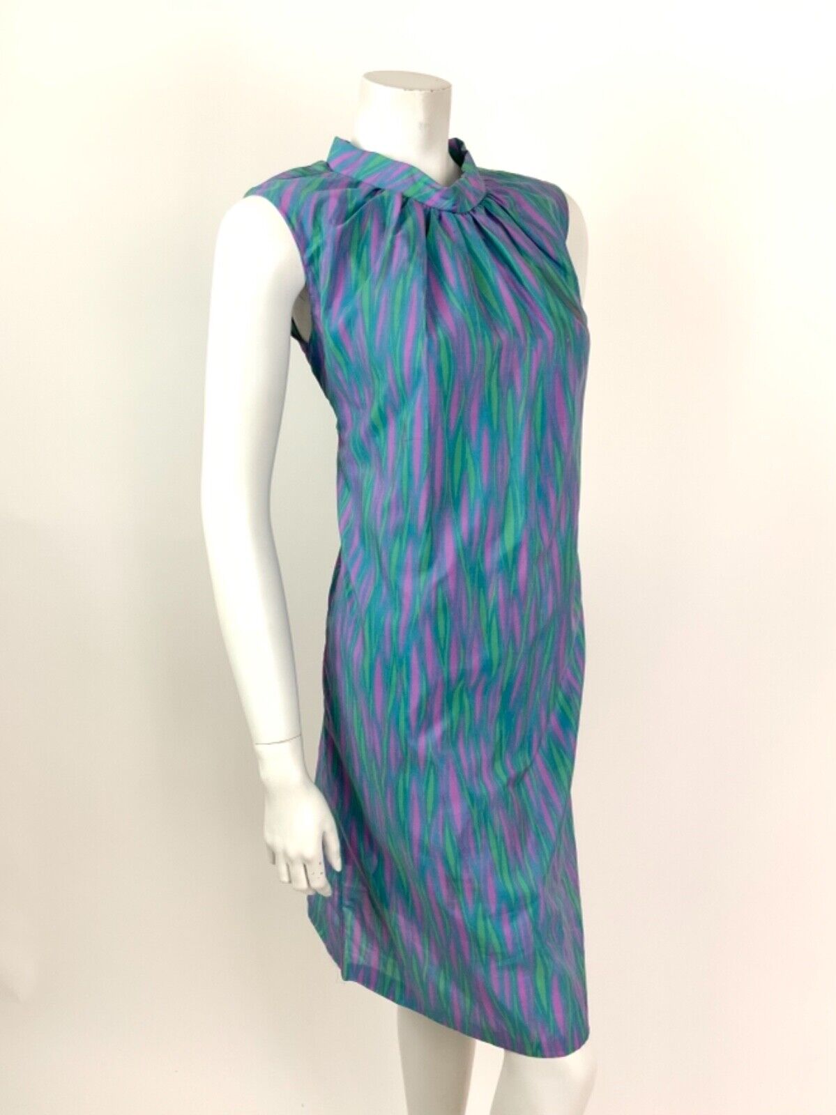 VINTAGE 60s 70s BLUE PURPLE GREEN PSYCHEDELIC WAVY MOD A-LINE DRESS 12 14