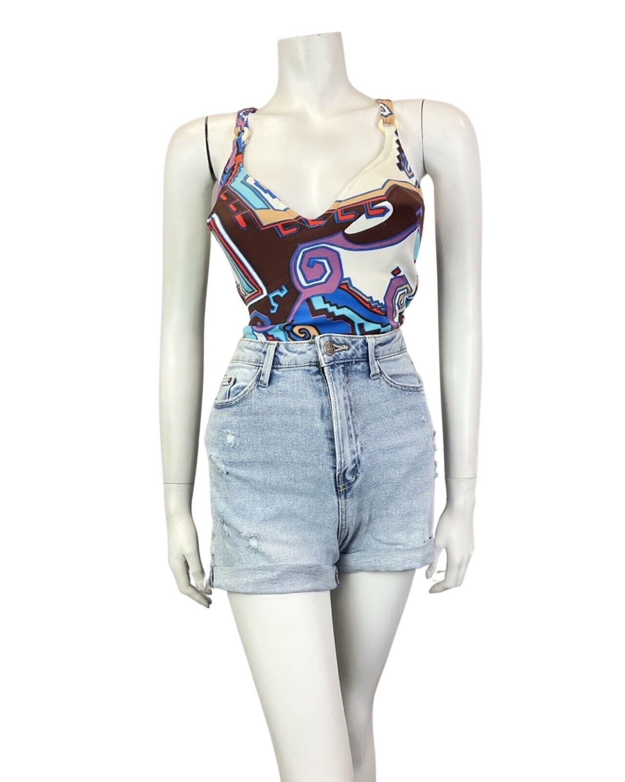 VINTAGE 60s 70s BLUE BROWN WHITE AZTEC GEOMETRIC STRAPPY SWIMSUIT 14