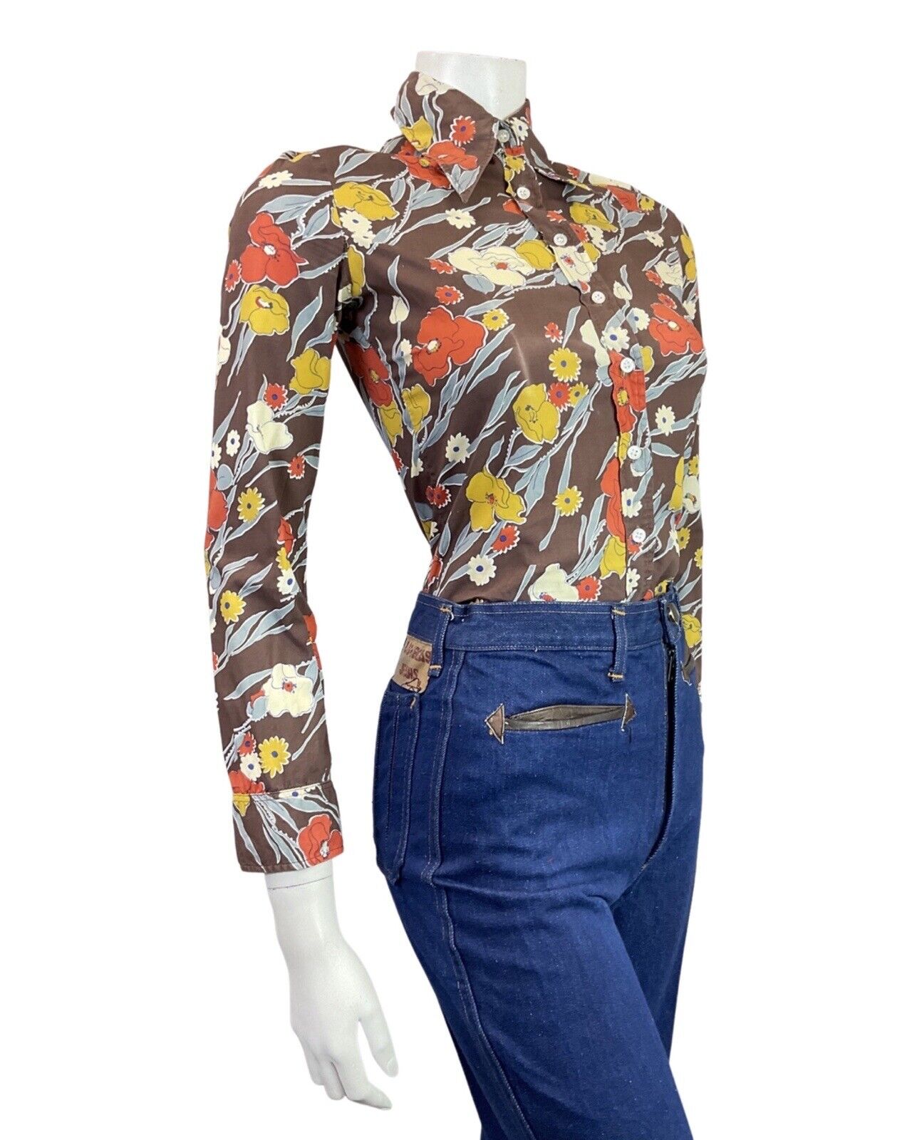 VINTAGE 60s 70s BROWN YELLOW RED FLORAL MOD DAGGER COLLAR SHIRT 10 12