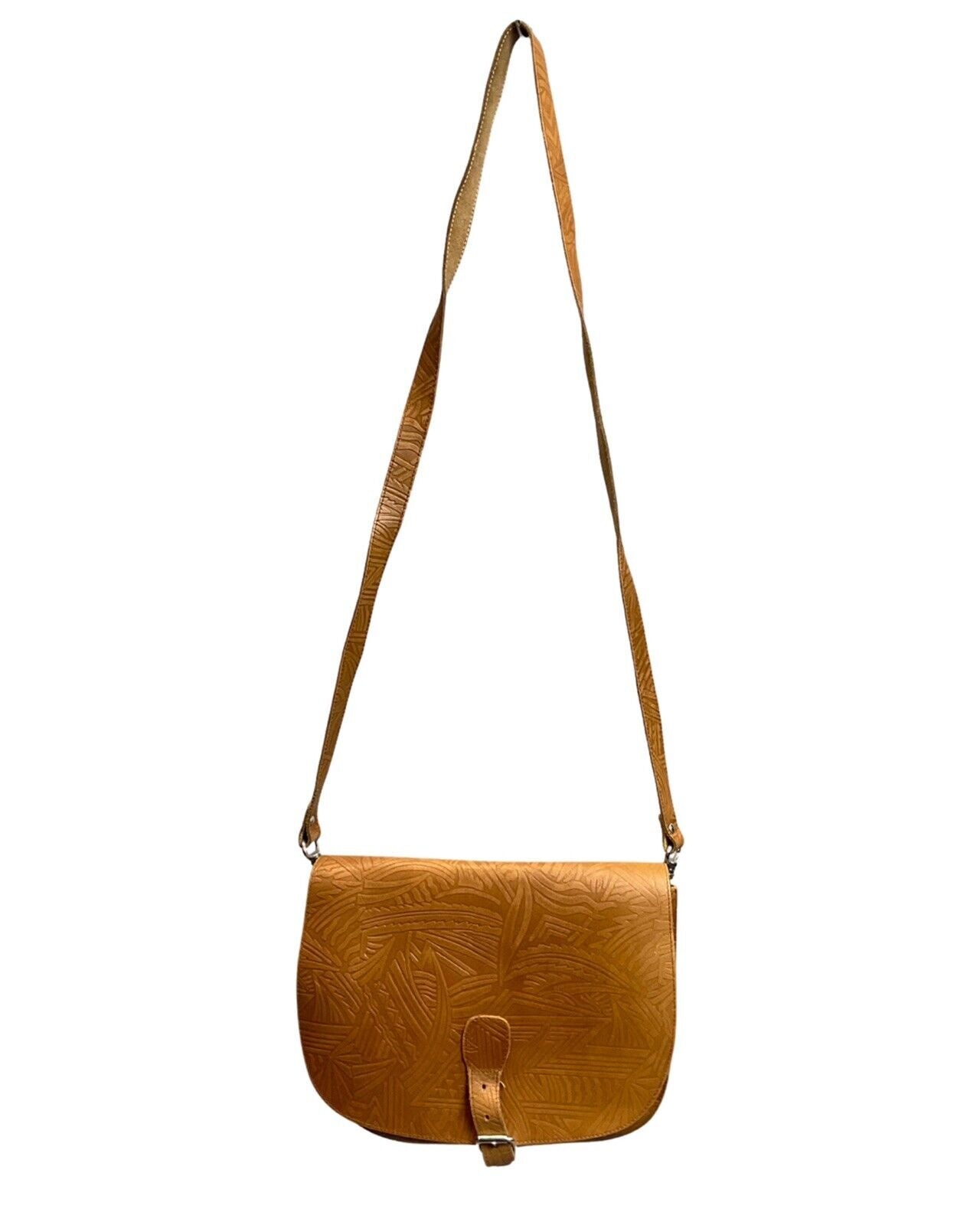 VINTAGE 60s 70s CAMEL BROWN STAMPED LEATHER GEOMETRIC BOHO SHOULDER BAG
