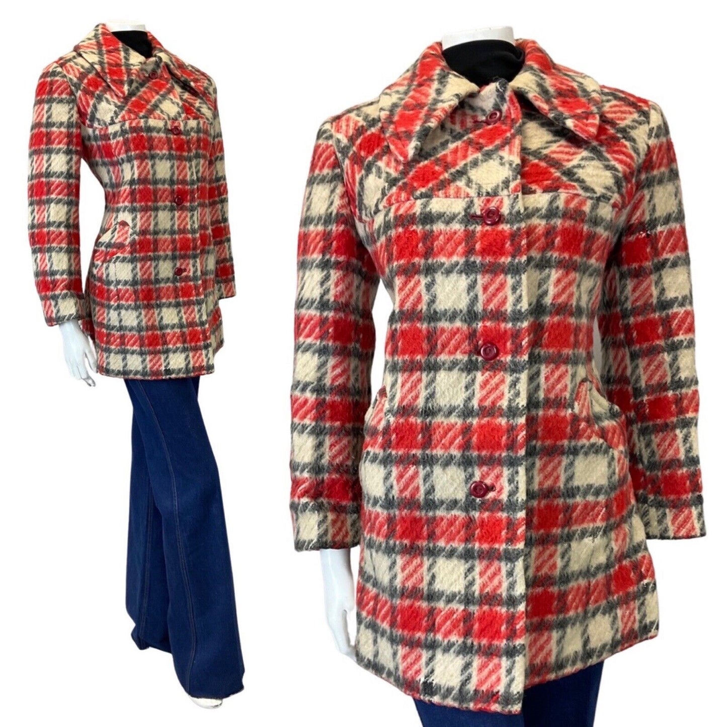 VINTAGE 60s 70s RED CREAM BLACK PLAID CHECKED MOD DAGGER COLLAR WOOL COAT 12