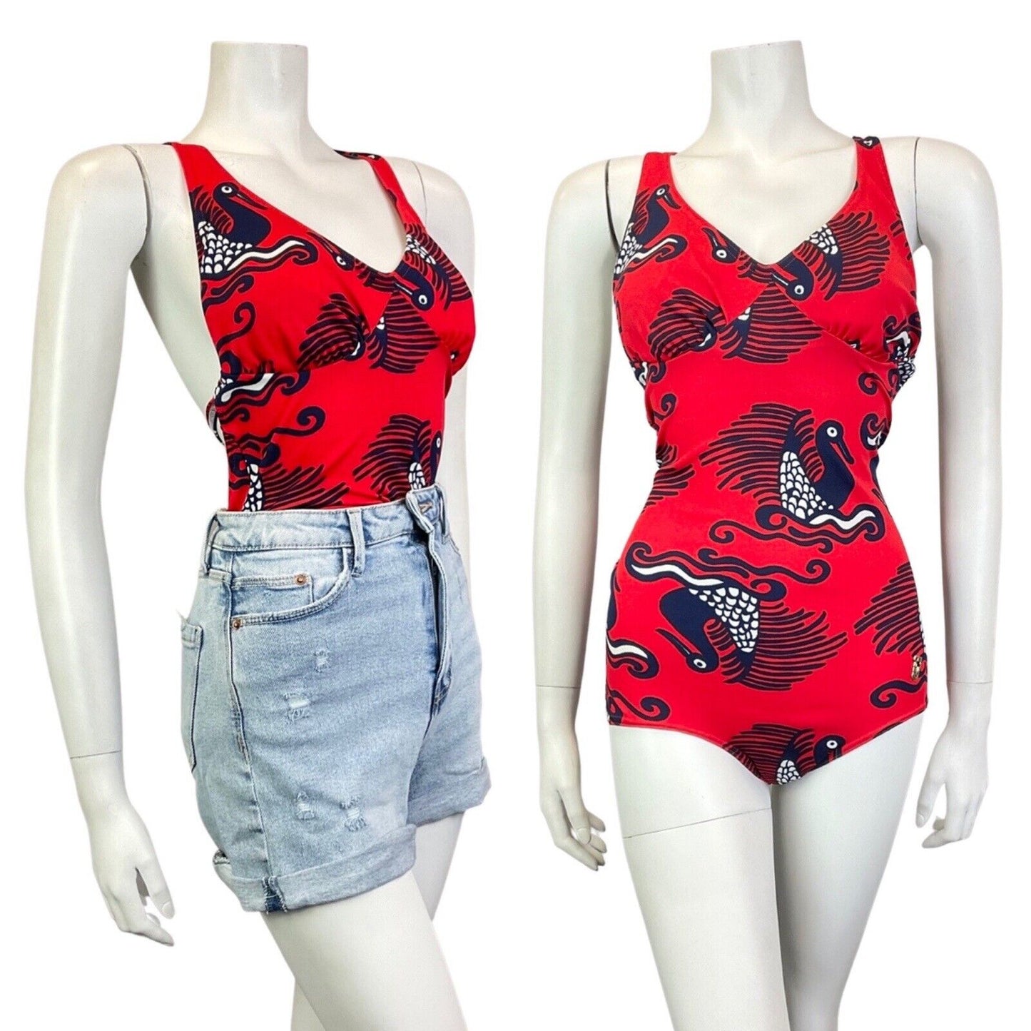 VINTAGE 60s 70s RED BLUE WHITE BIRD BOAT PSYCHEDELIC MOD SWIMSUIT BODYSUIT 8 10