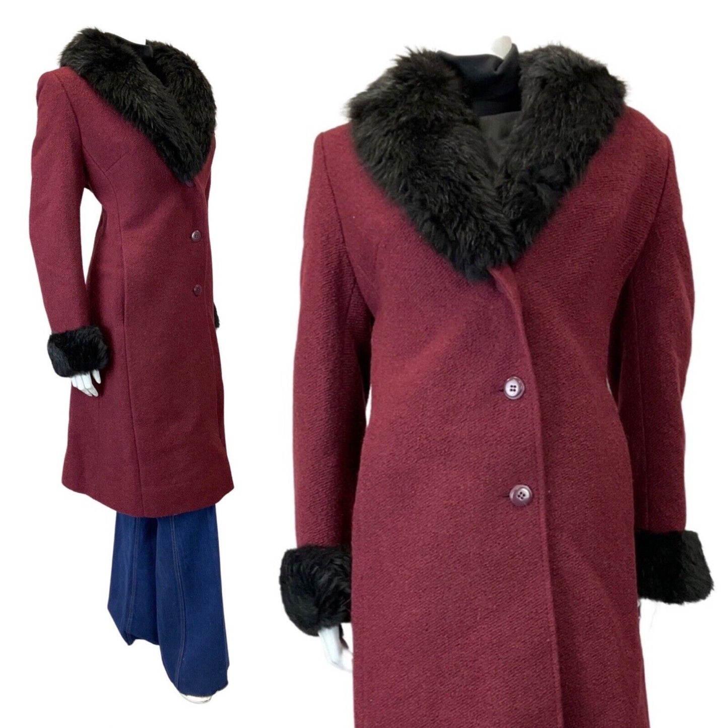 VINTAGE 60s 70s MAROON PURPLE BLACK FAUX FUR MOD MID-LENGTH WOOL COAT 14 16