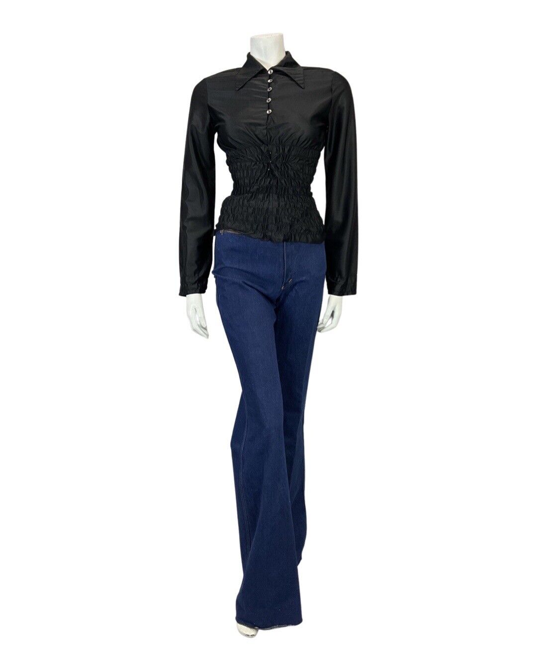 VINTAGE 60s 70s BLACK DAGGER COLLAR CROPPED SHIRRED MOD DISCO BLOUSE TOP 6