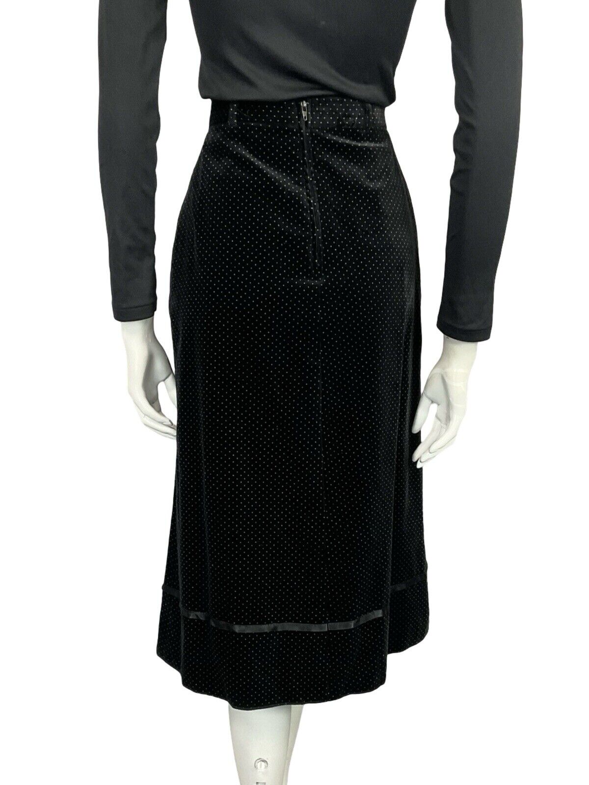 VTG 70S FOLK BOHO BLACK WHITE PIN DOT VELVET RIBBON TRIM MIDI SKIRT 6