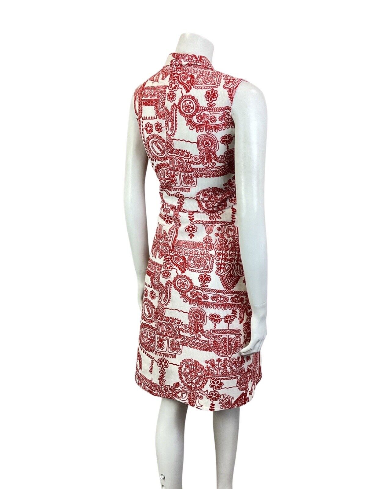 VINTAGE 60s 70s WHITE RED PSYCHEDELIC FLOWER FOLK SLEEVELESS SHIRT DRESS 12
