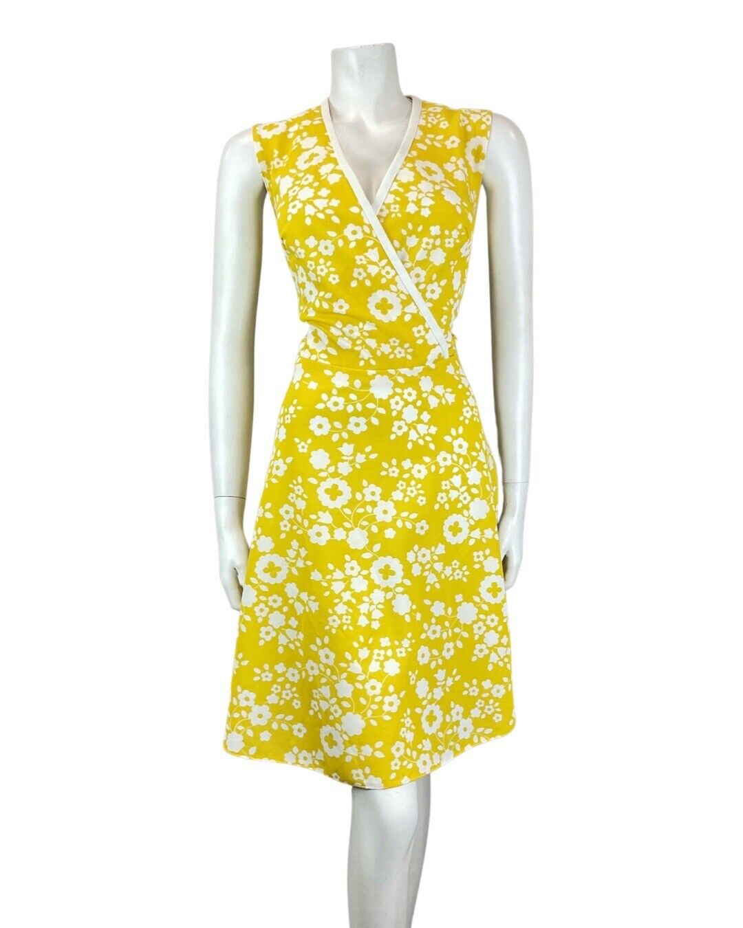 VINTAGE 60s 70s SUNSHINE YELLOW WHITE DAISY FLOWER MOD SLEEVELESS DRESS 14