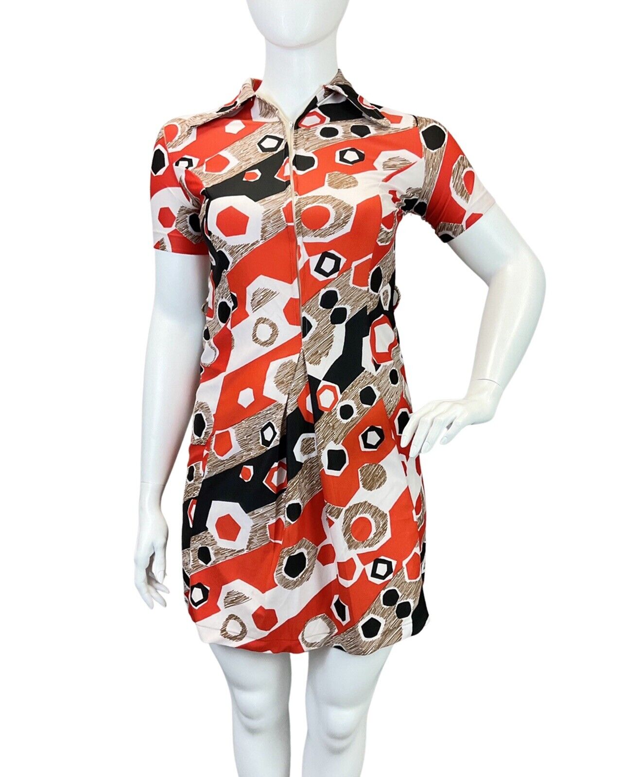 VTG 60s 70s RED WHITE BROWN BLACK GEOMETRIC ZIP-UP MOD SPOON SHIRT DRESS 14 16