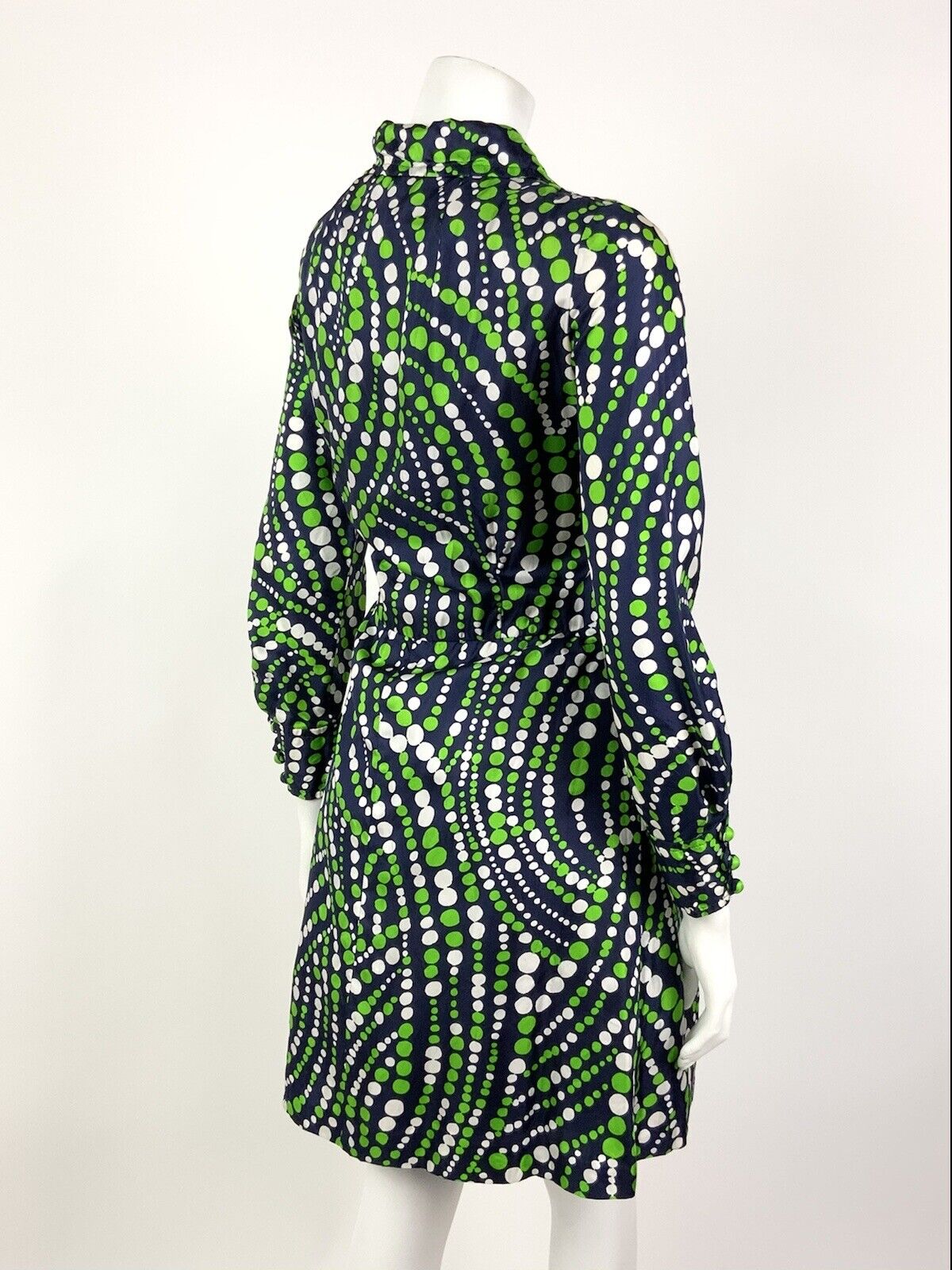 VINTAGE 60s 70s NAVY BLUE GREEN WHITE DOTTY WAVY MOD SPLIT SHIRT DRESS 10