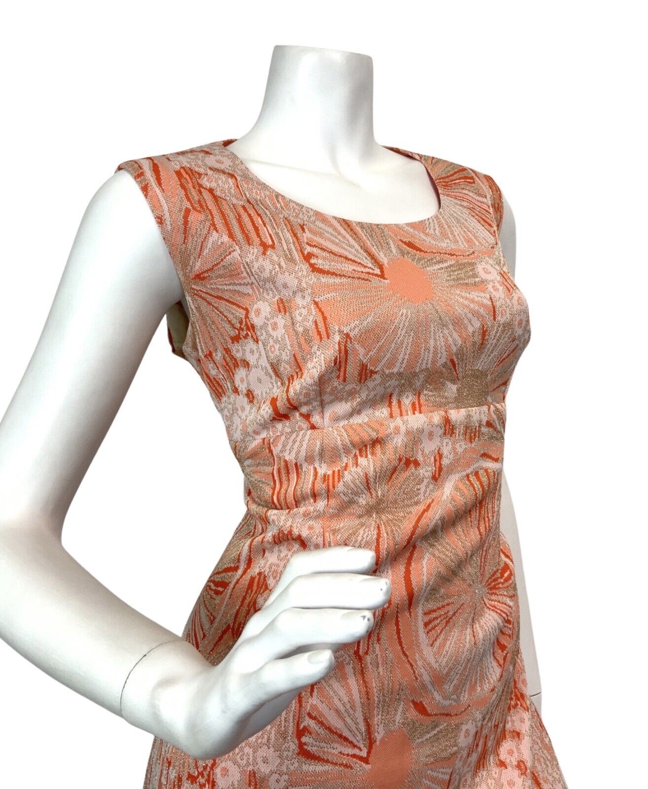 VINTAGE 60s 70s ORANGE WHITE GOLD PSYCHEDELIC FLORAL MOD LUREX MAXI DRESS 10 12