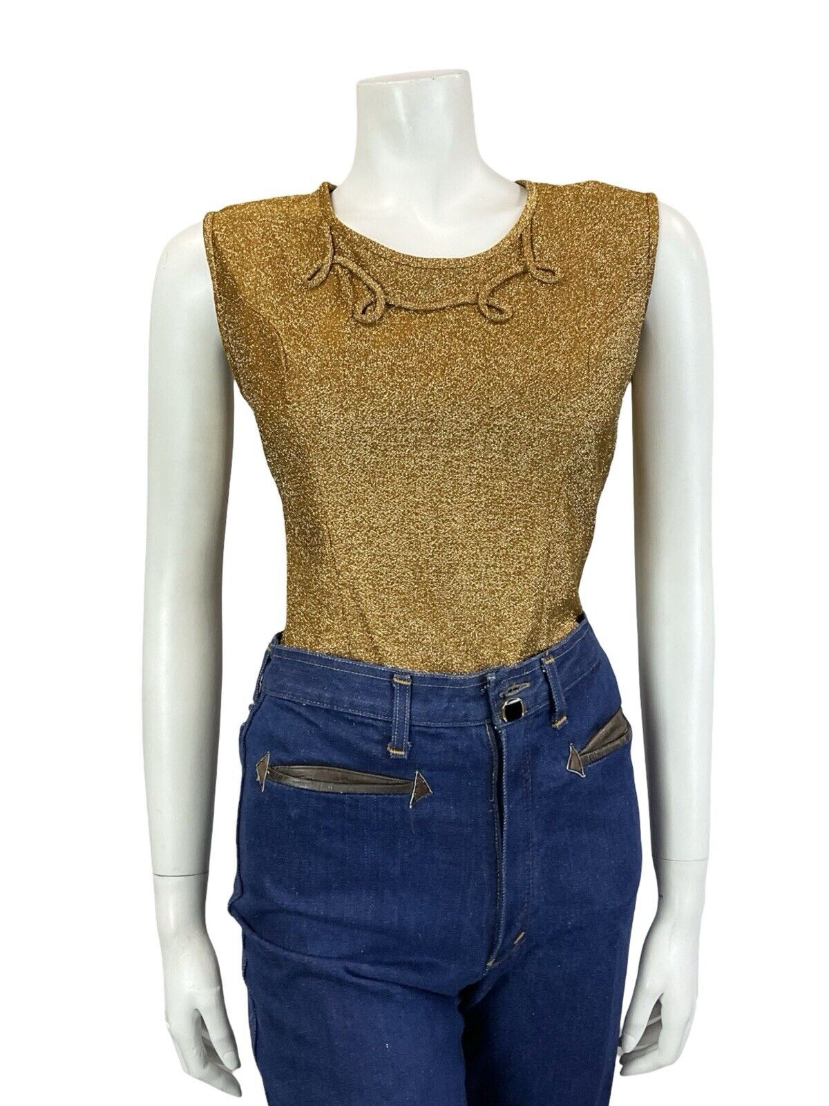 VTG 60S GOLD LUREX SWIRL PIPING ROUNDED NECK SLEEVELESS FITTED PARTY TOP 10