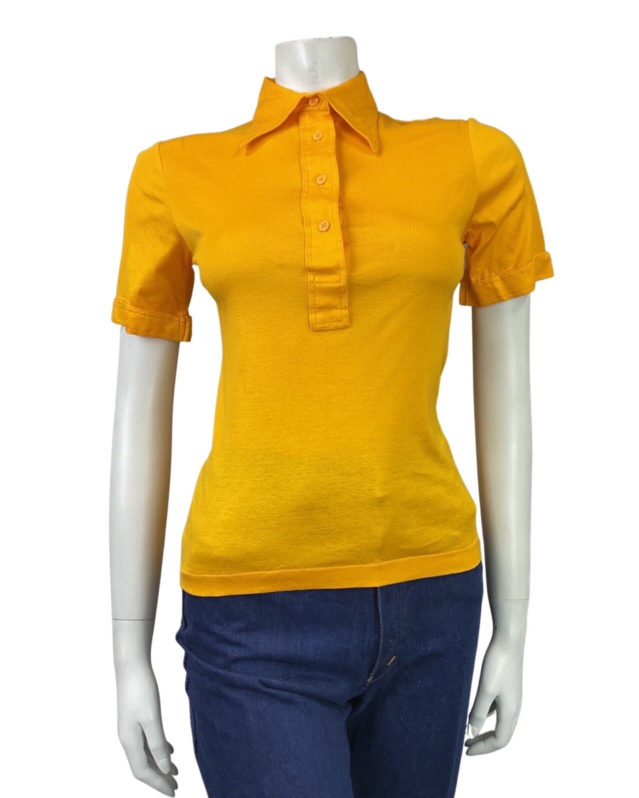 VINTAGE 60s 70s SUNSHINE YELLOW MOD DAGGER COLLAR SHORT SLEEVE SHIRT 8 10