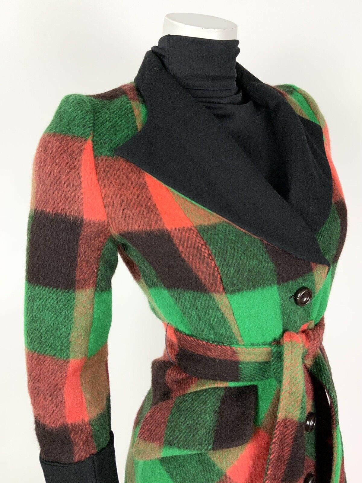 VTG 90s DOES 70S GREEN ORANGE BLACK CHECK BELTED PRINCESS SHORT WOOL COAT 8