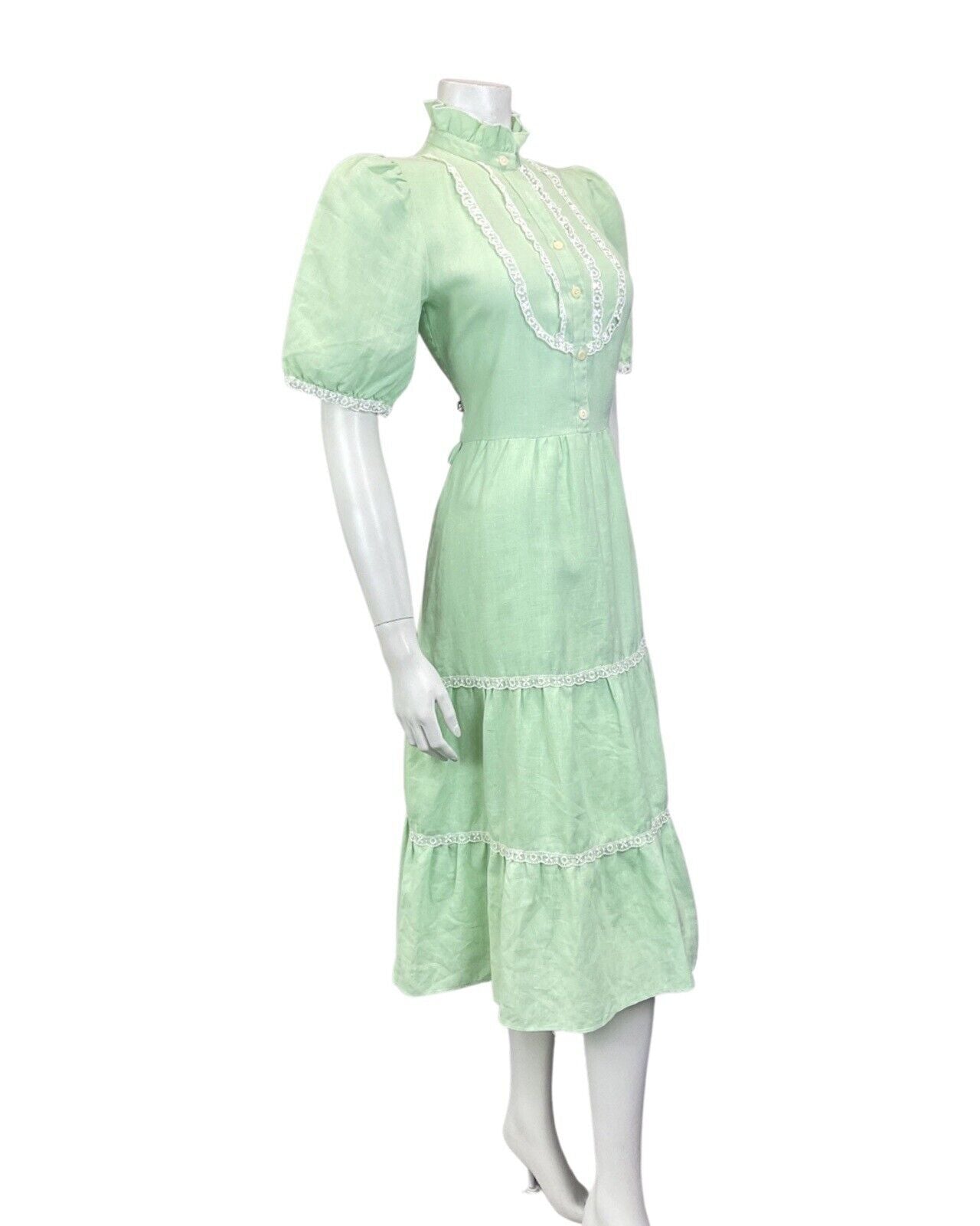 VINTAGE 60s 70s MINT GREEN WHITE LACE RUFFLED BOHO PRAIRIE MIDI DRESS 10