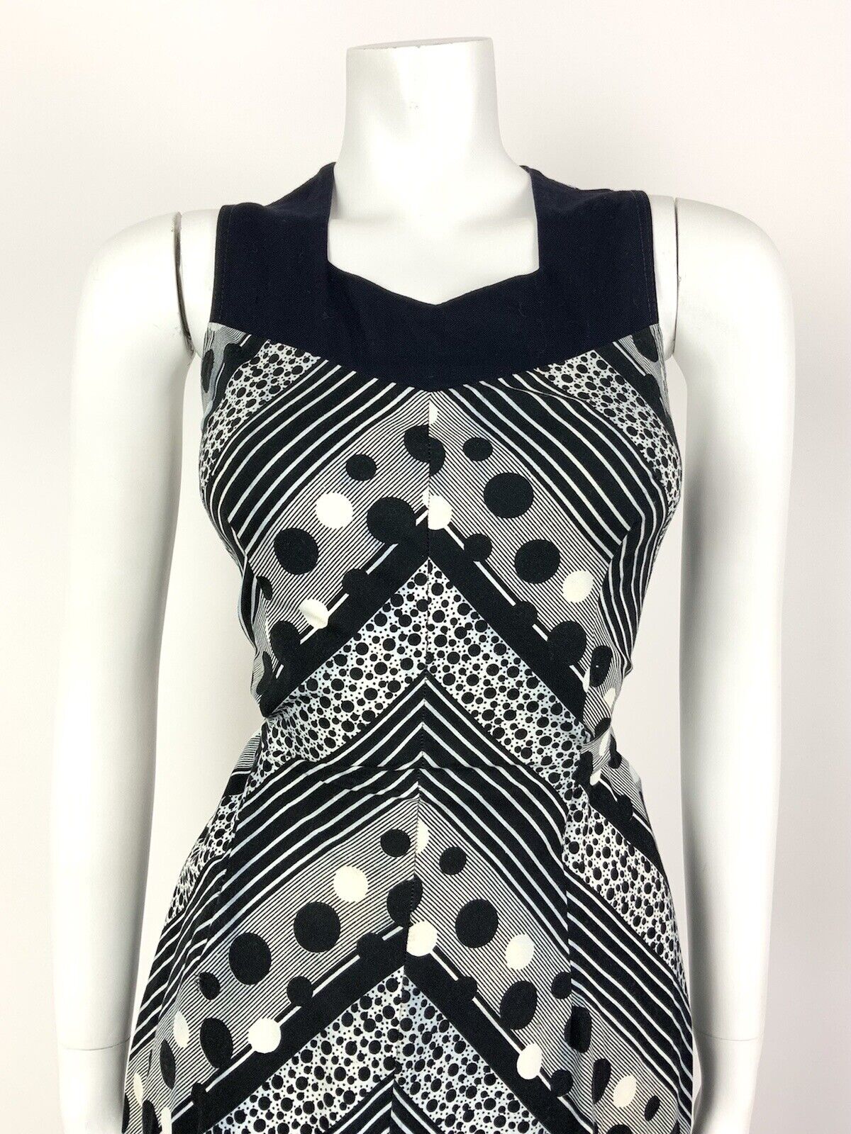 VTG 60s 70s BLACK WHITE STRIPED DOTTY GEOMETRIC FOLK BOHO RUFFLED DRESS 10 12