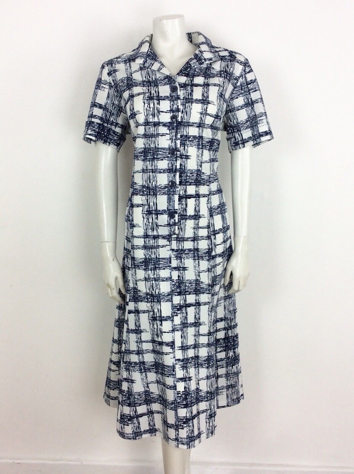VINTAGE 60s 70s GEOMETRIC LINE PRINT TEA SHIRT DRESS WHITE BLUE 14 16