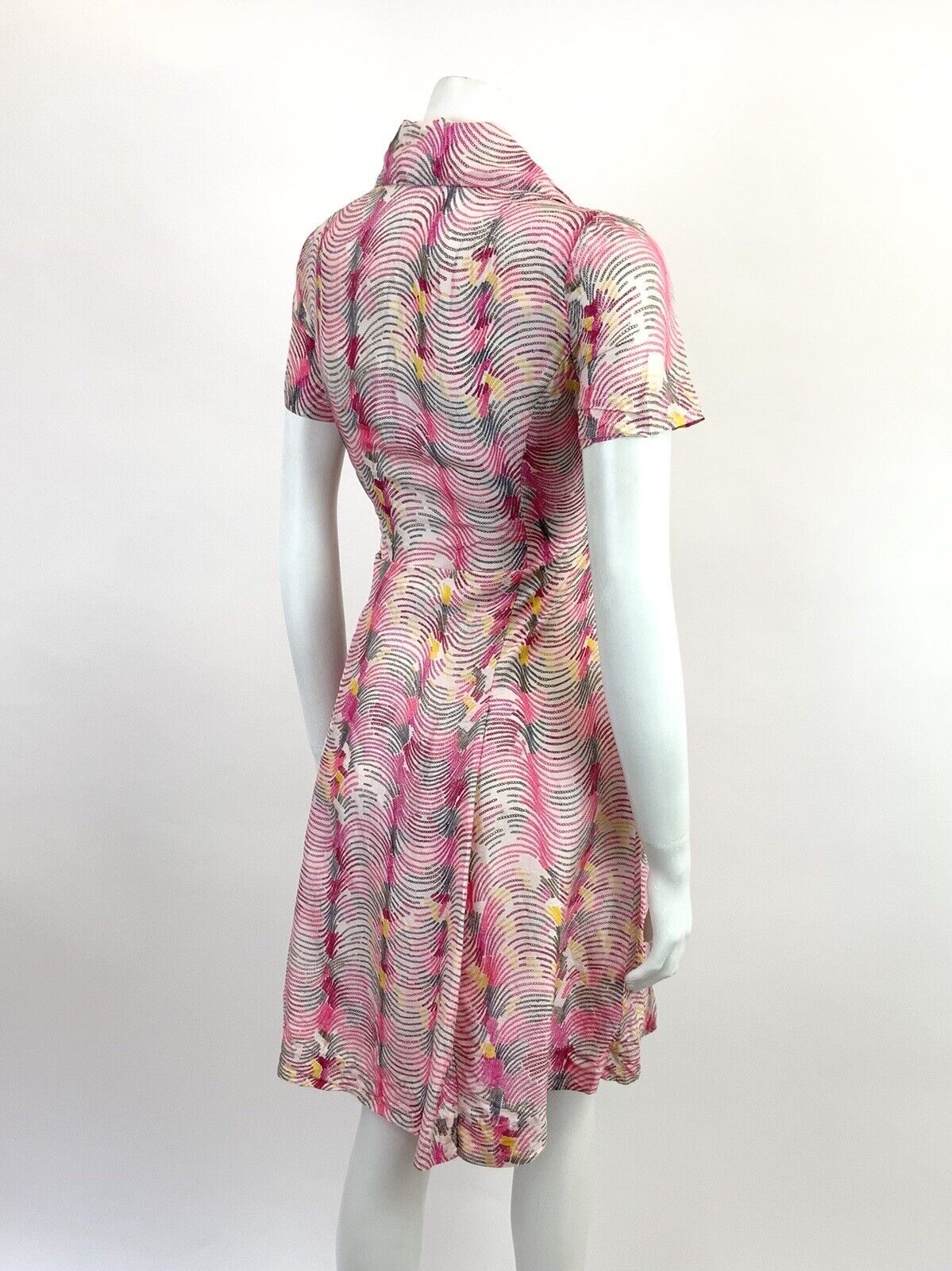 VTG 60s 70s PINK YELLOW WHITE WAVY PSYCHEDELIC WING COLLAR MOD SHIRT DRESS 10 12