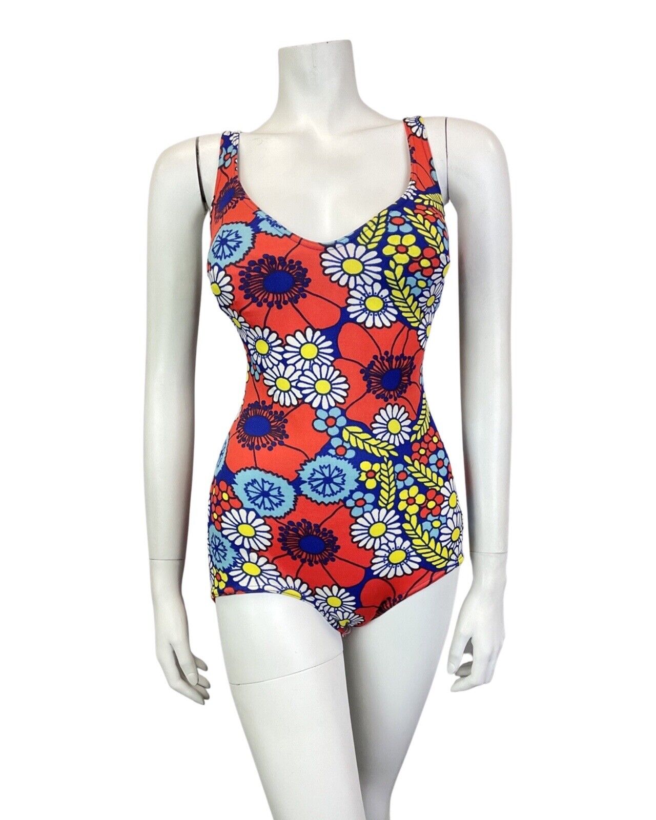 VINTAGE 60s 70s RED BLUE YELLOW DAISY FLOWER MOD SWIMSUIT BODYSUIT 10 12