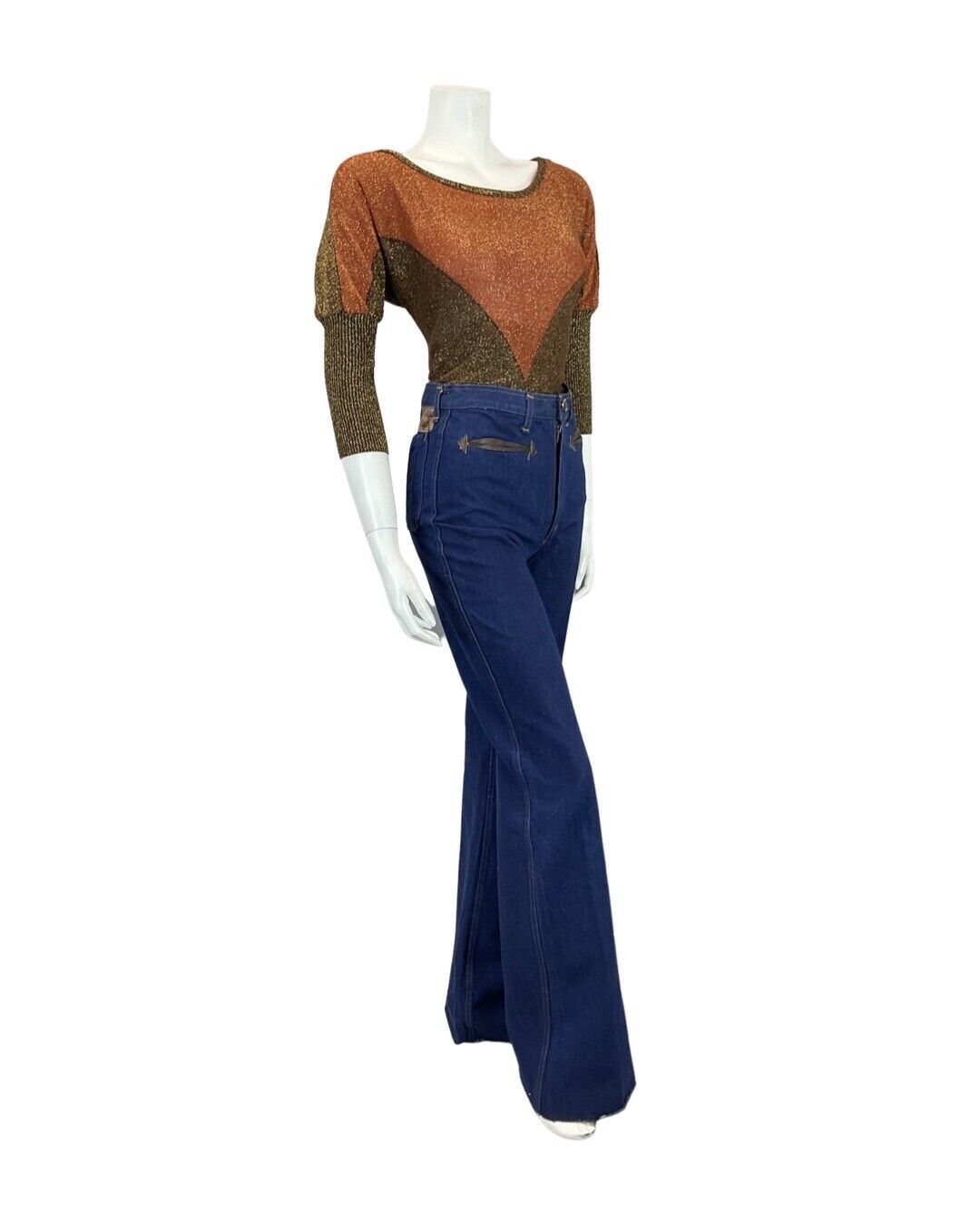 VINTAGE 60s 70s BROWN ORANGE CREAM BATWING GLITTER LUREX KNIT TOP 10