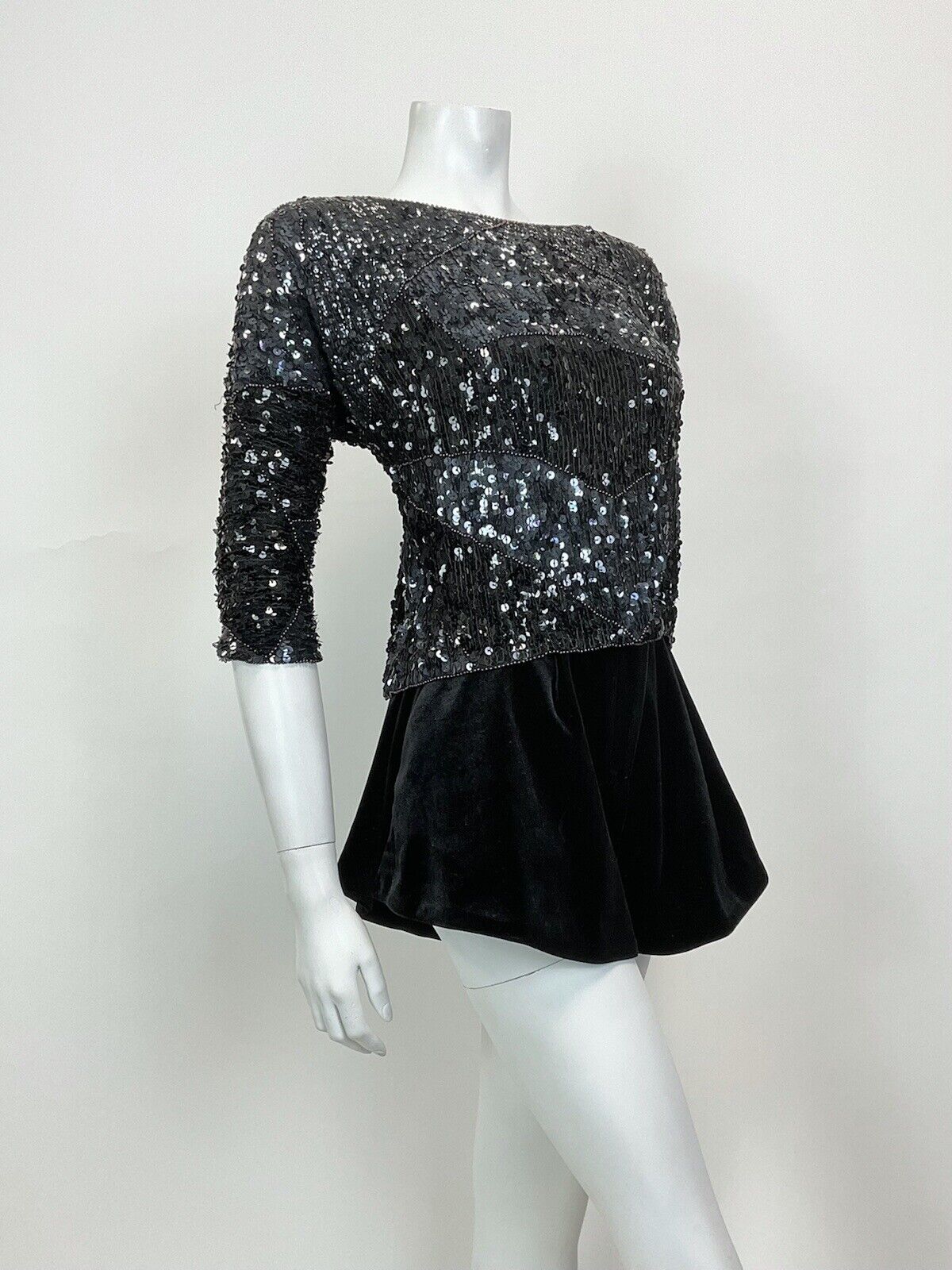 VINTAGE 70s BLACK SEQUIN BEADED DISCO PARTY GLAM CROPPED BLOUSE TOP 12
