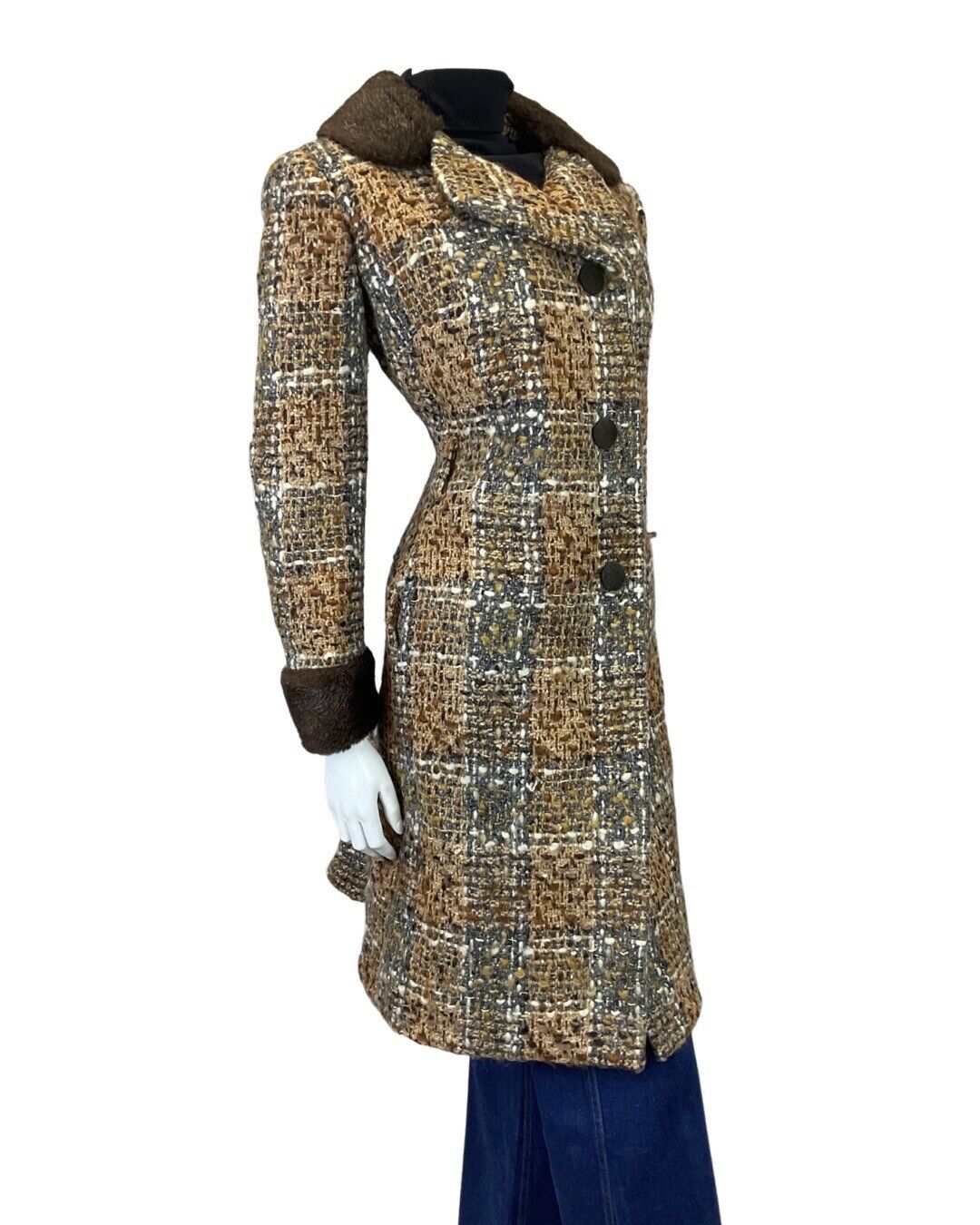 VINTAGE 60s 70s BROWN CREAM PLAID CHECKED FAUX FUR MOD WOOL COAT 16